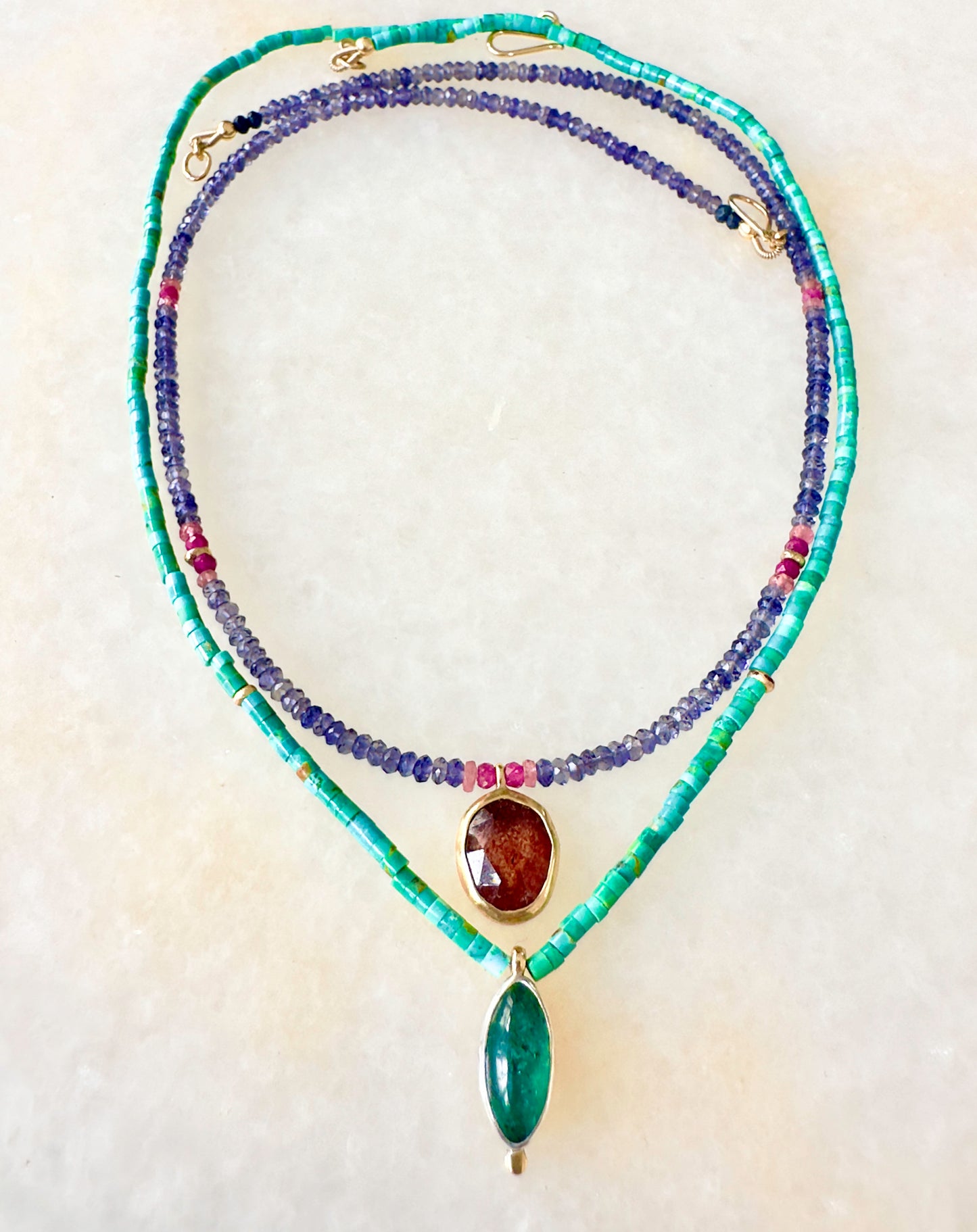 Strawberry Quartz & Iolite Necklace With Rubies, Tourmalines and 14k Gold