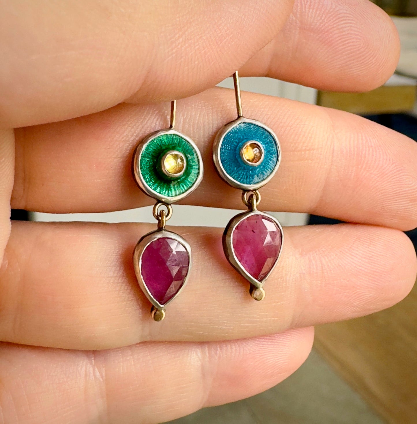 Pink Sapphire With Blue & Green Enamel Burst Earrings