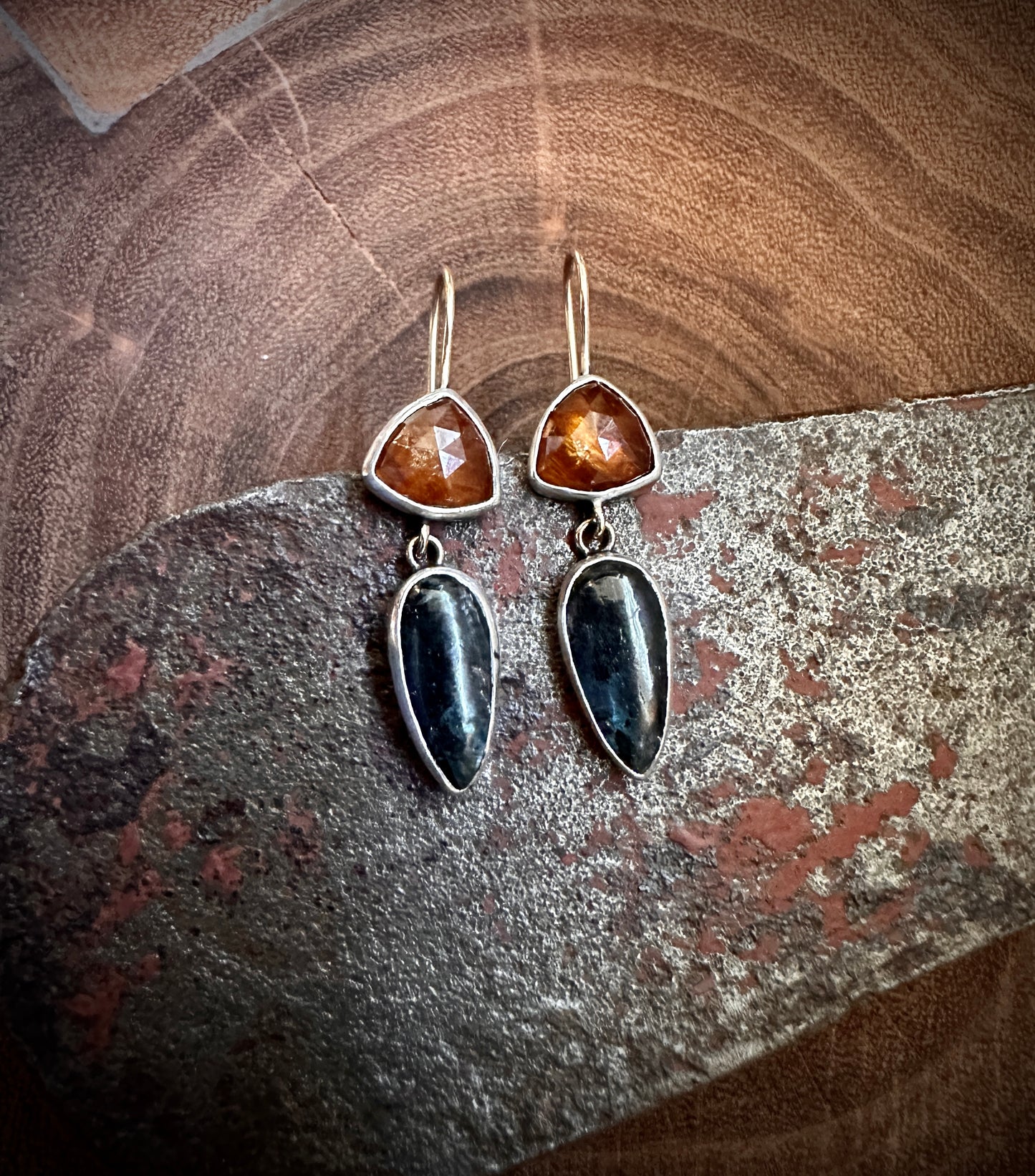 Sun over Ocean Orange & Moss Blue Kyanite Two Stone Drop Earrings