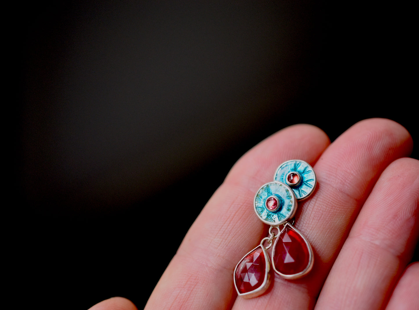 Ruby & Sapphire Teal Enamel Burst Earrings