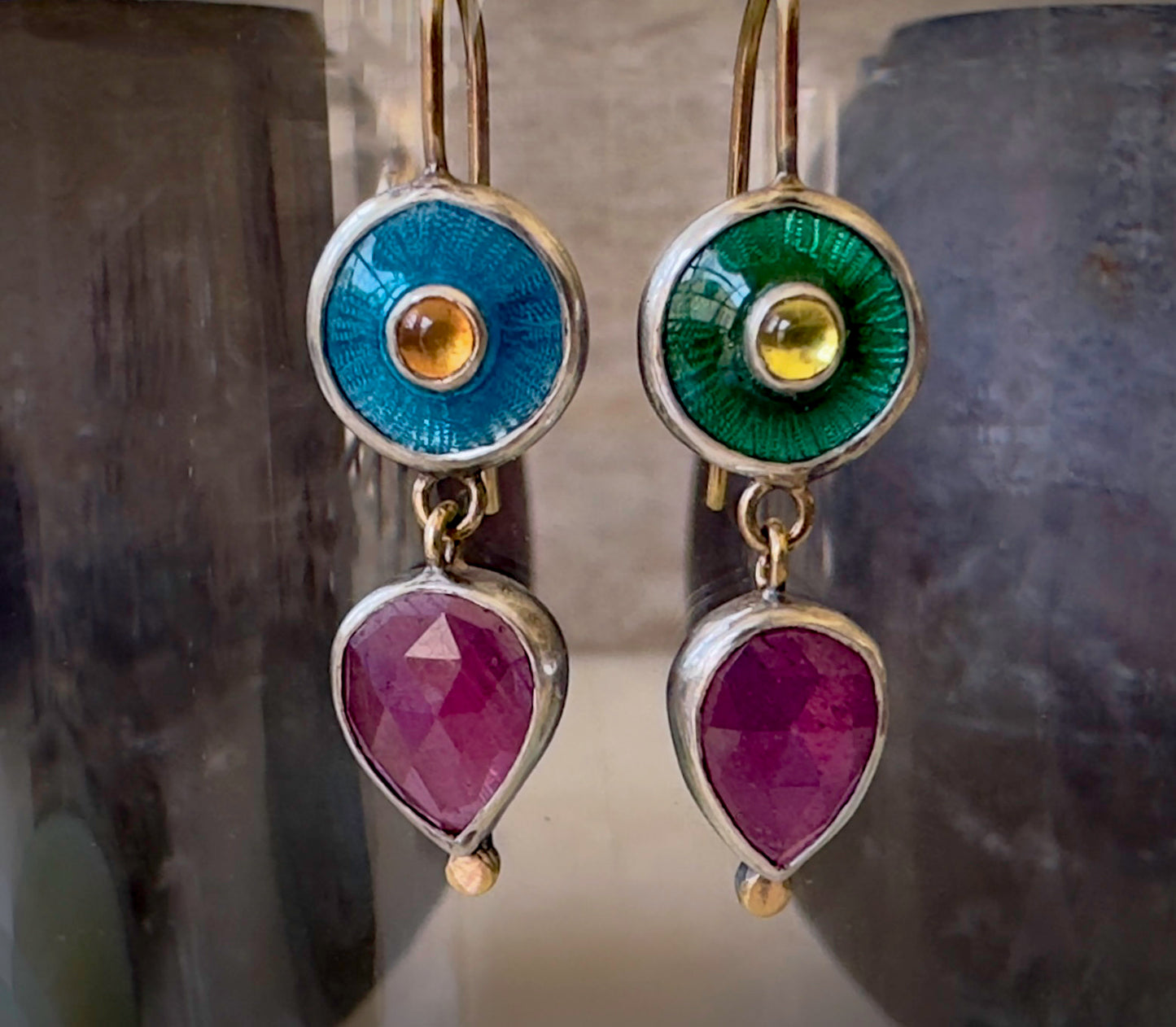 Pink Sapphire With Blue & Green Enamel Burst Earrings