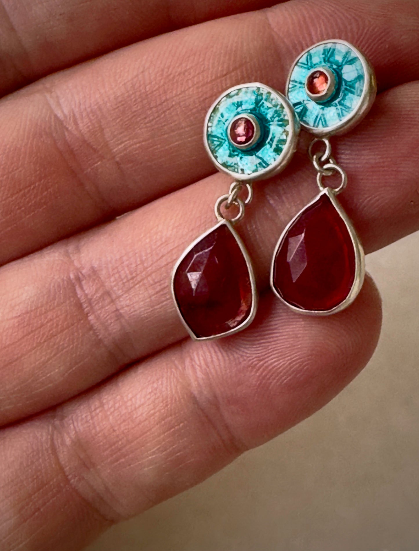 Ruby & Sapphire Teal Enamel Burst Earrings