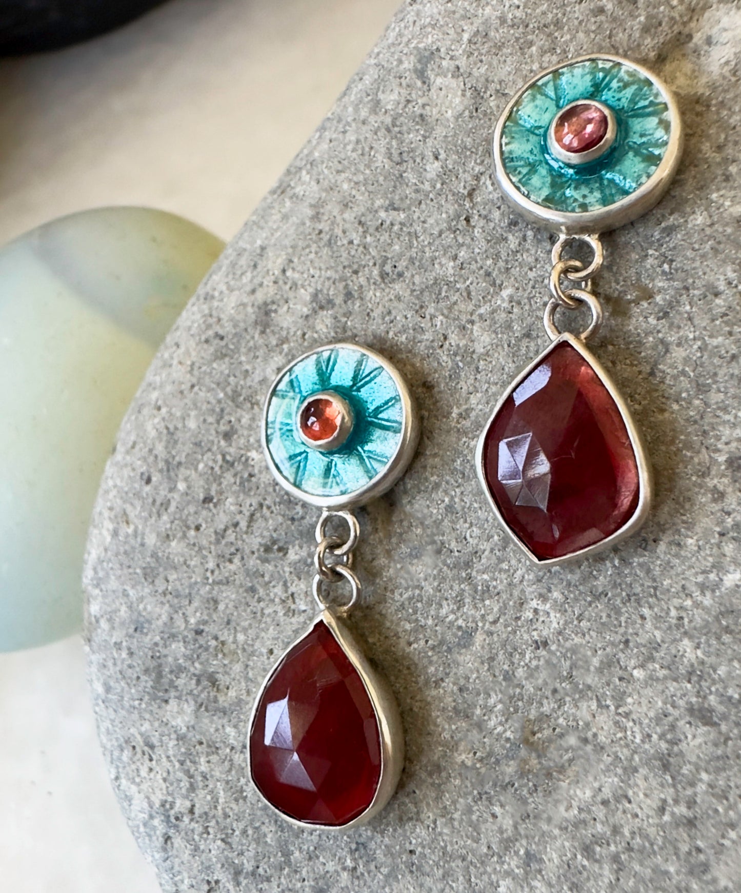 Ruby & Sapphire Teal Enamel Burst Earrings