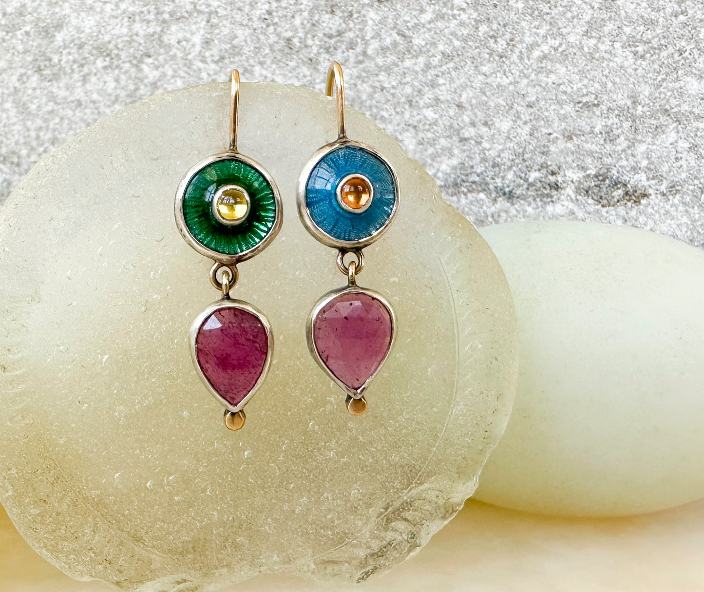 Pink Sapphire With Blue & Green Enamel Burst Earrings