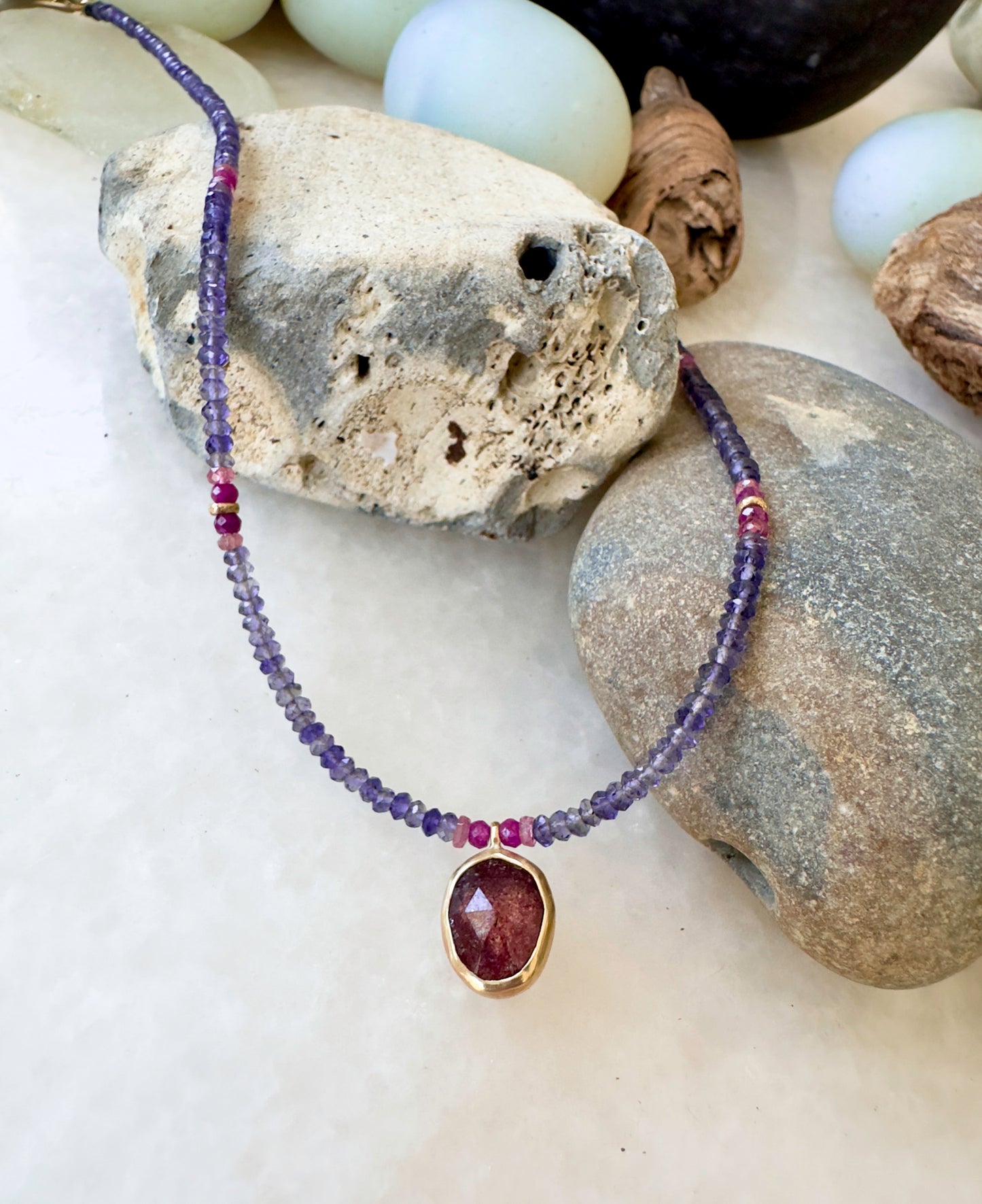 Strawberry Quartz & Iolite Necklace With Rubies, Tourmalines and 14k Gold