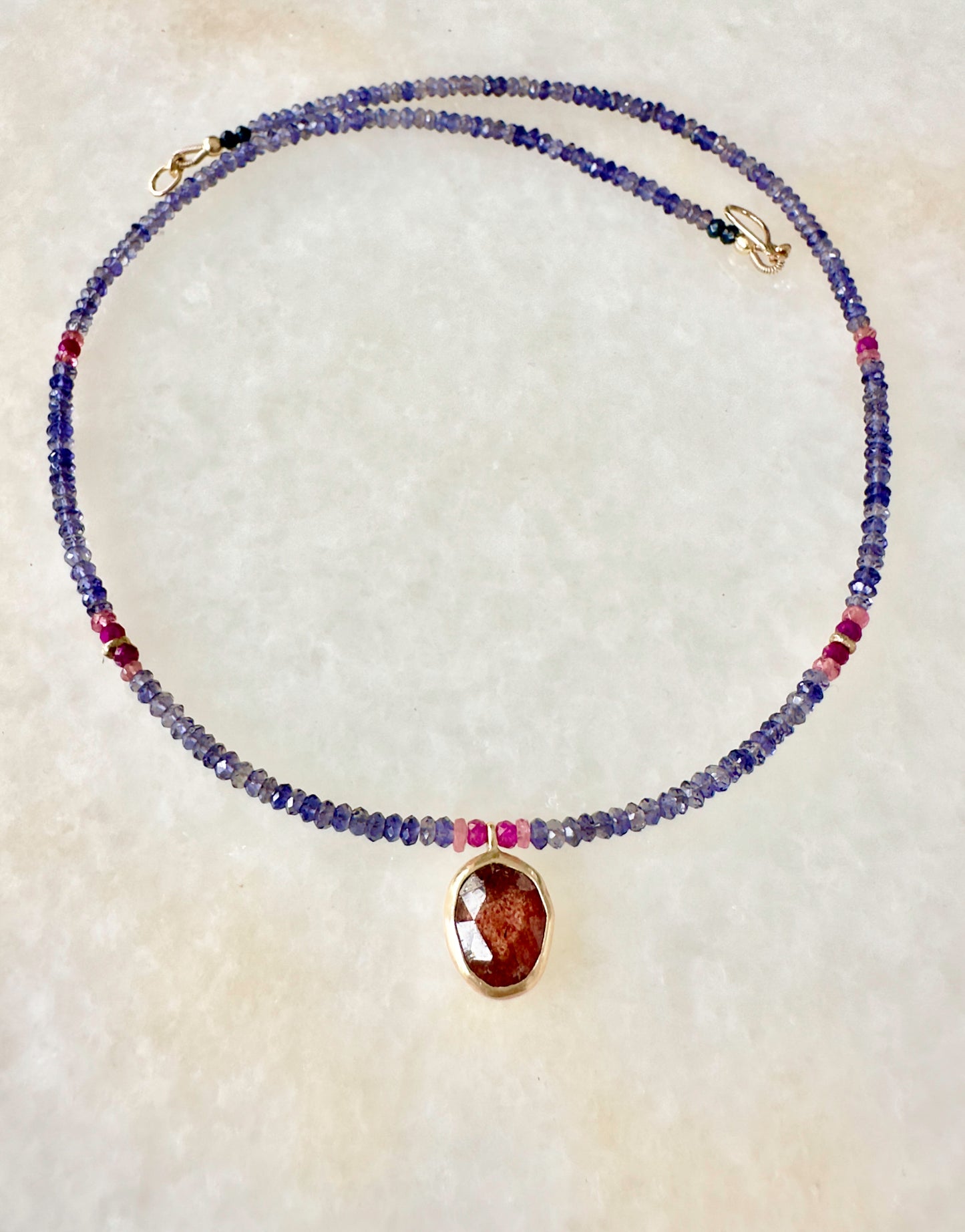 Strawberry Quartz & Iolite Necklace With Rubies, Tourmalines and 14k Gold