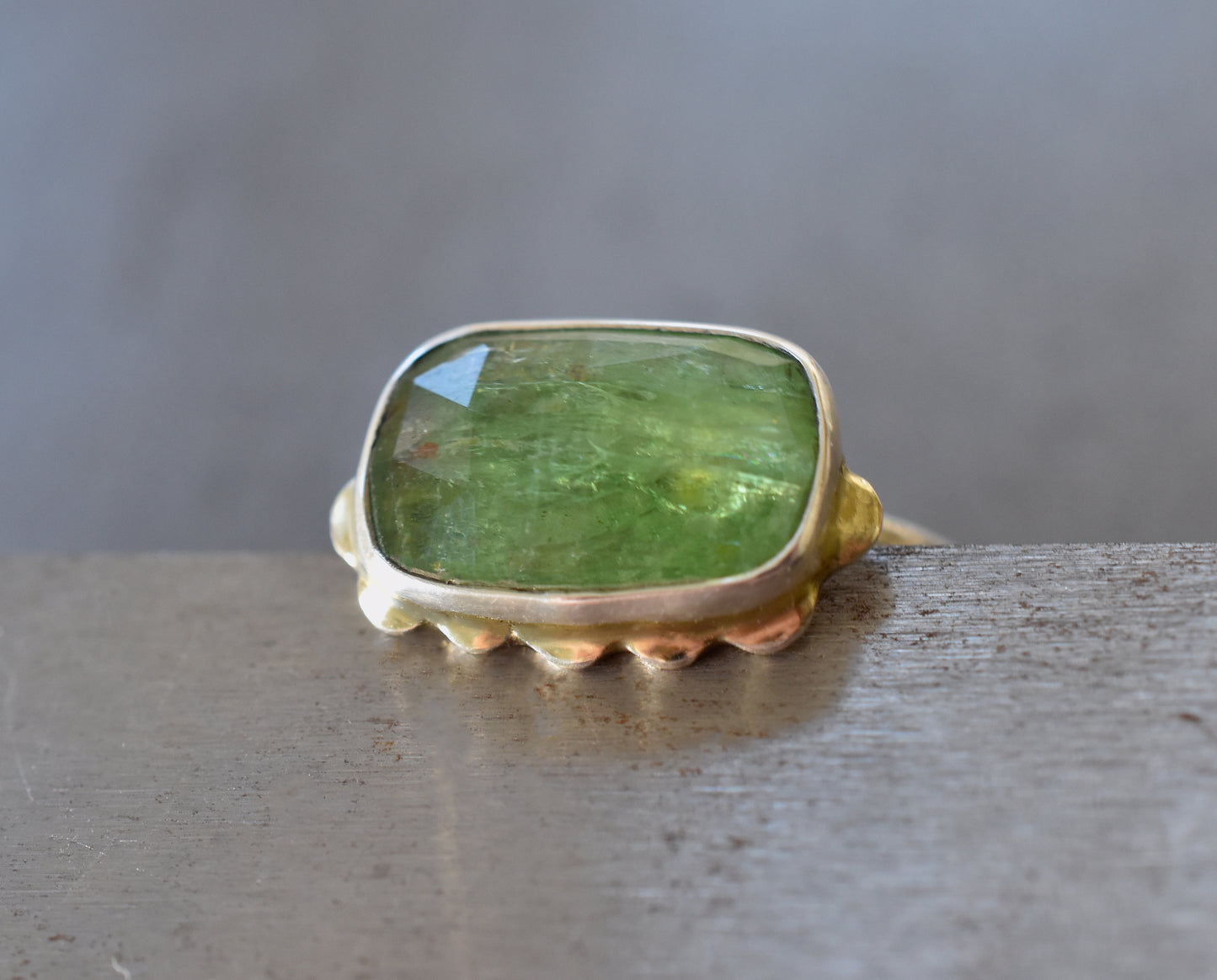 Green Kyanite Ring With Solid 14K flower 1/2 border