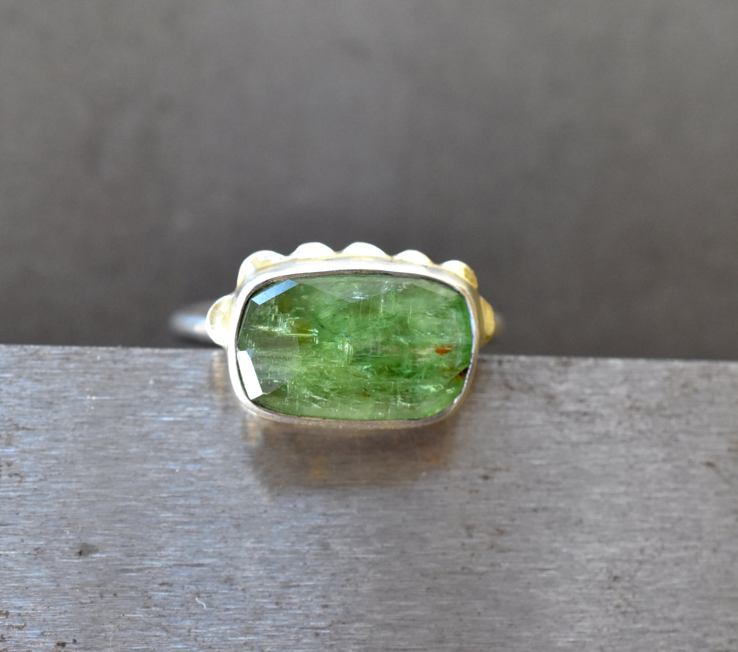 Green Kyanite Ring With Solid 14K flower 1/2 border