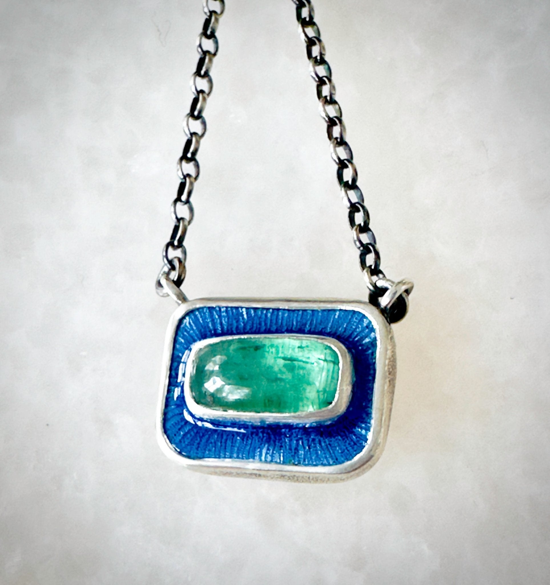 Green Kyanite & Blue Enamel Chiclet Necklace - Bluecave Jewelry