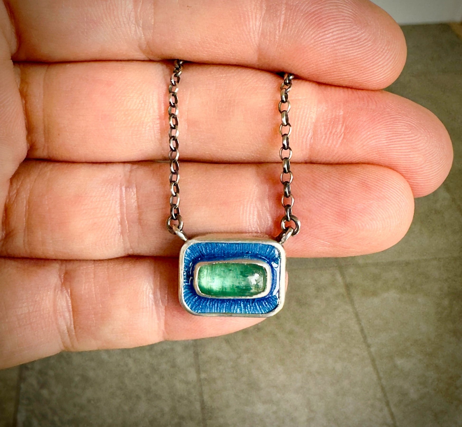 Green Kyanite & Blue Enamel Chiclet Necklace - Bluecave Jewelry