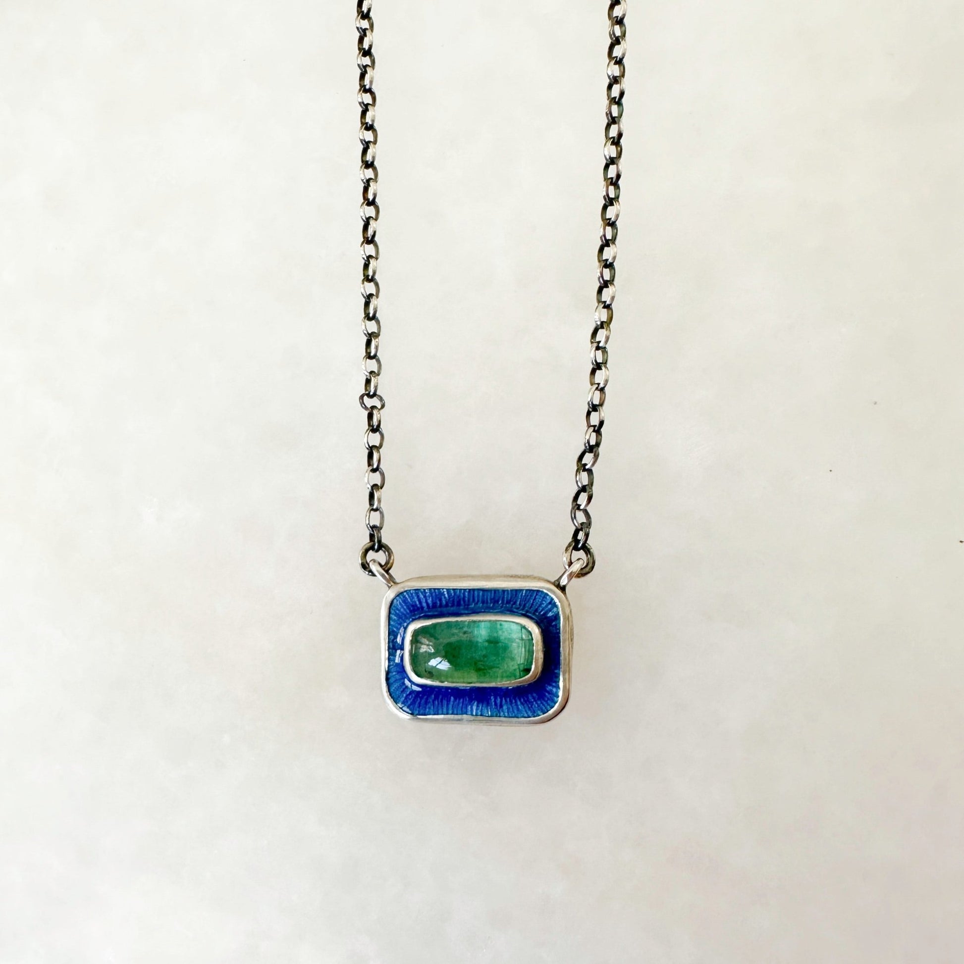Green Kyanite & Blue Enamel Chiclet Necklace - Bluecave Jewelry