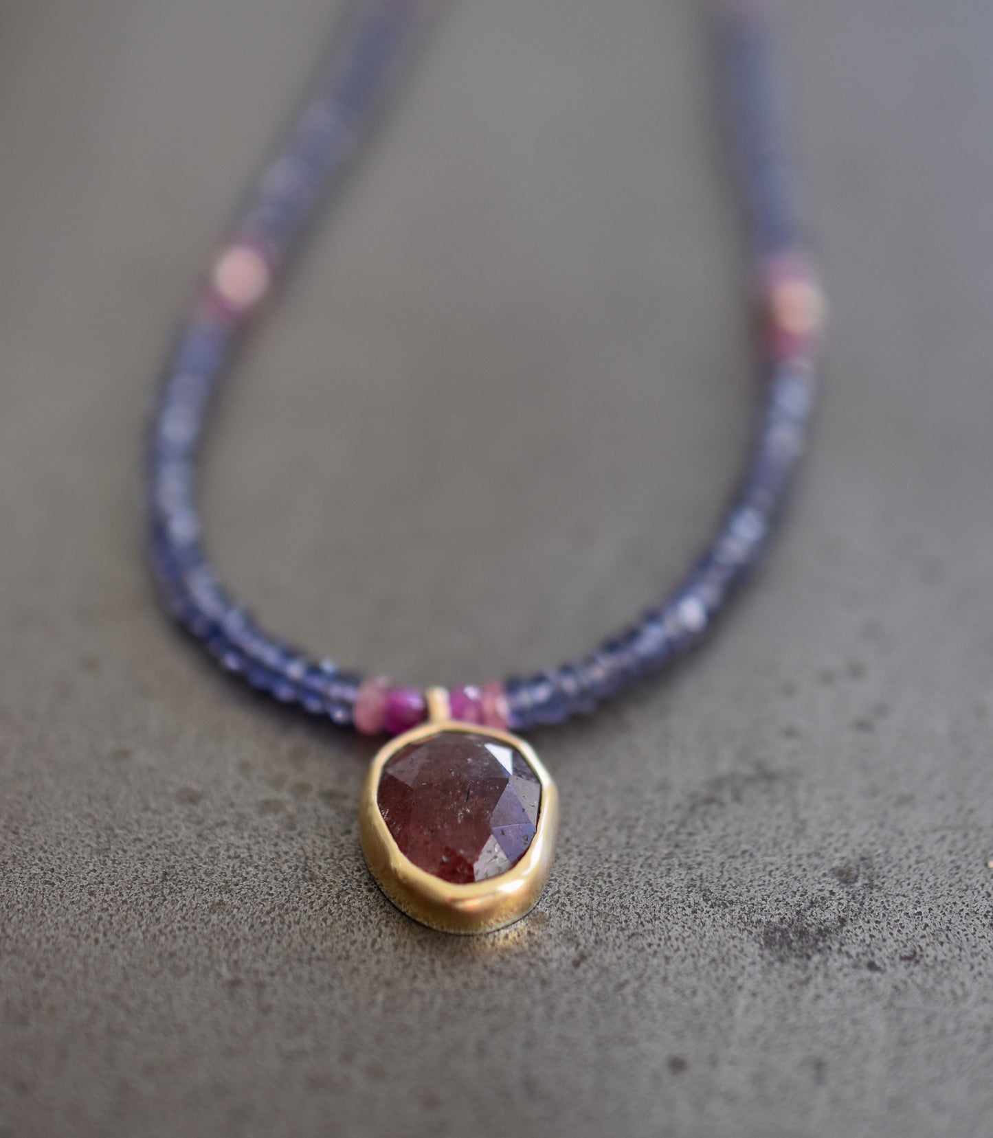 Strawberry Quartz & Iolite Necklace With Rubies, Tourmalines and 14k Gold