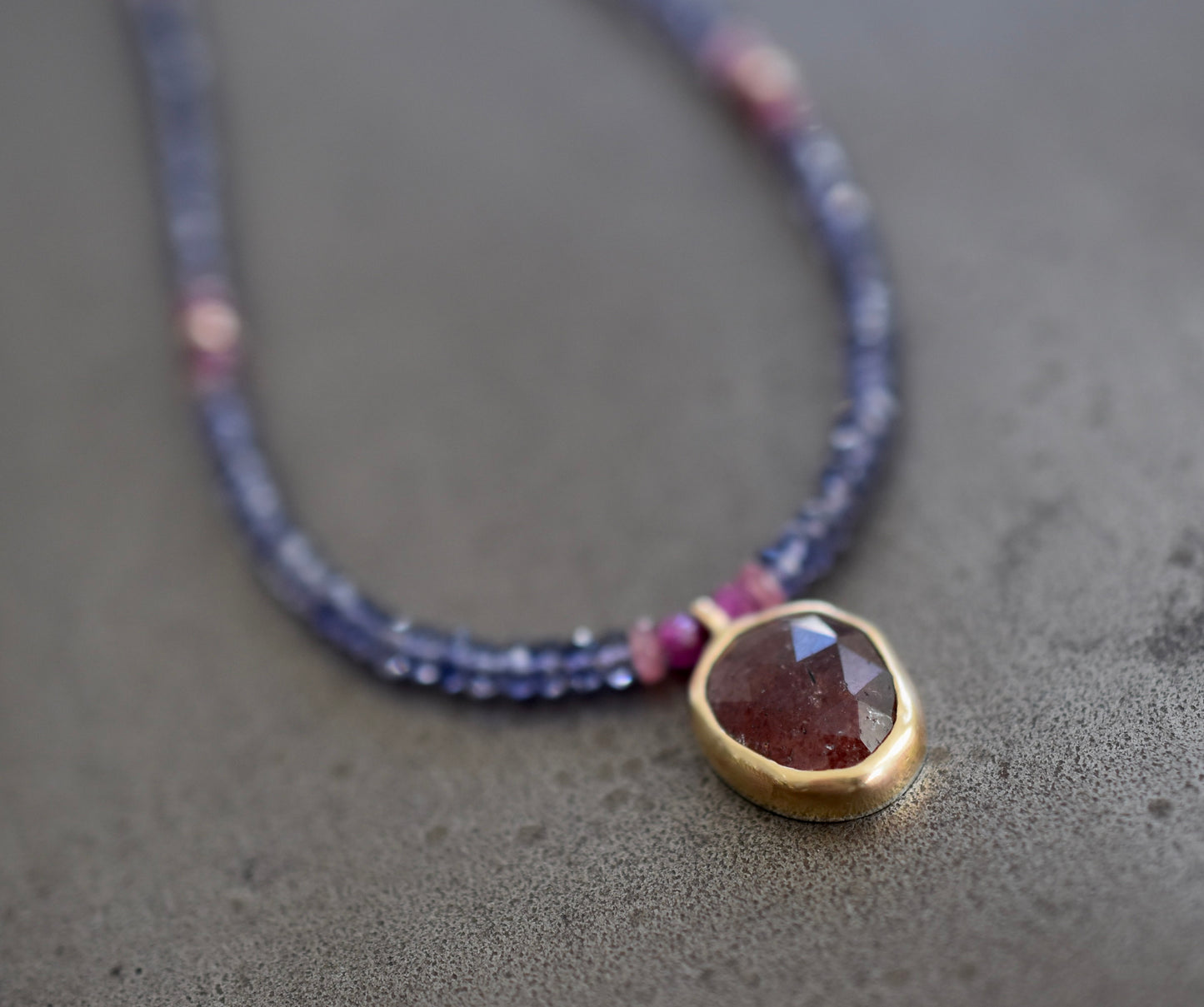 Strawberry Quartz & Iolite Necklace With Rubies, Tourmalines and 14k Gold