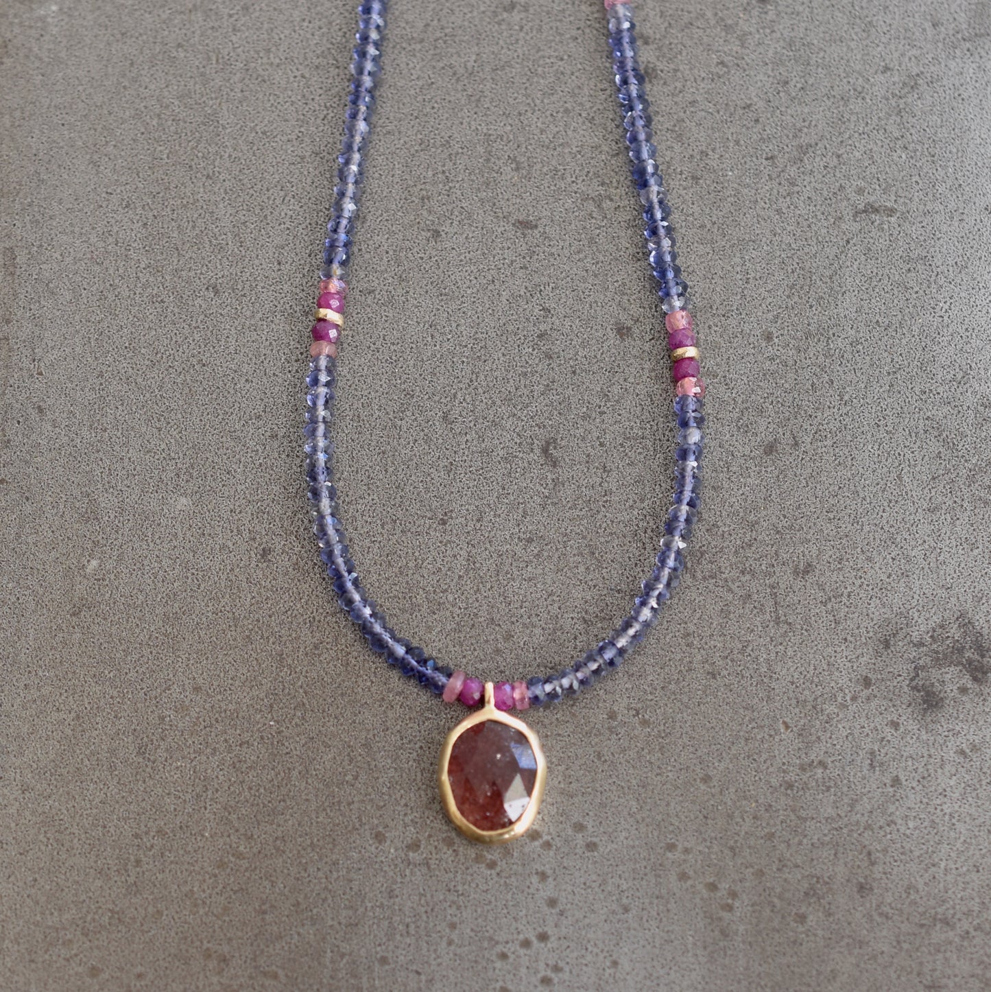 Strawberry Quartz & Iolite Necklace With Rubies, Tourmalines and 14k Gold