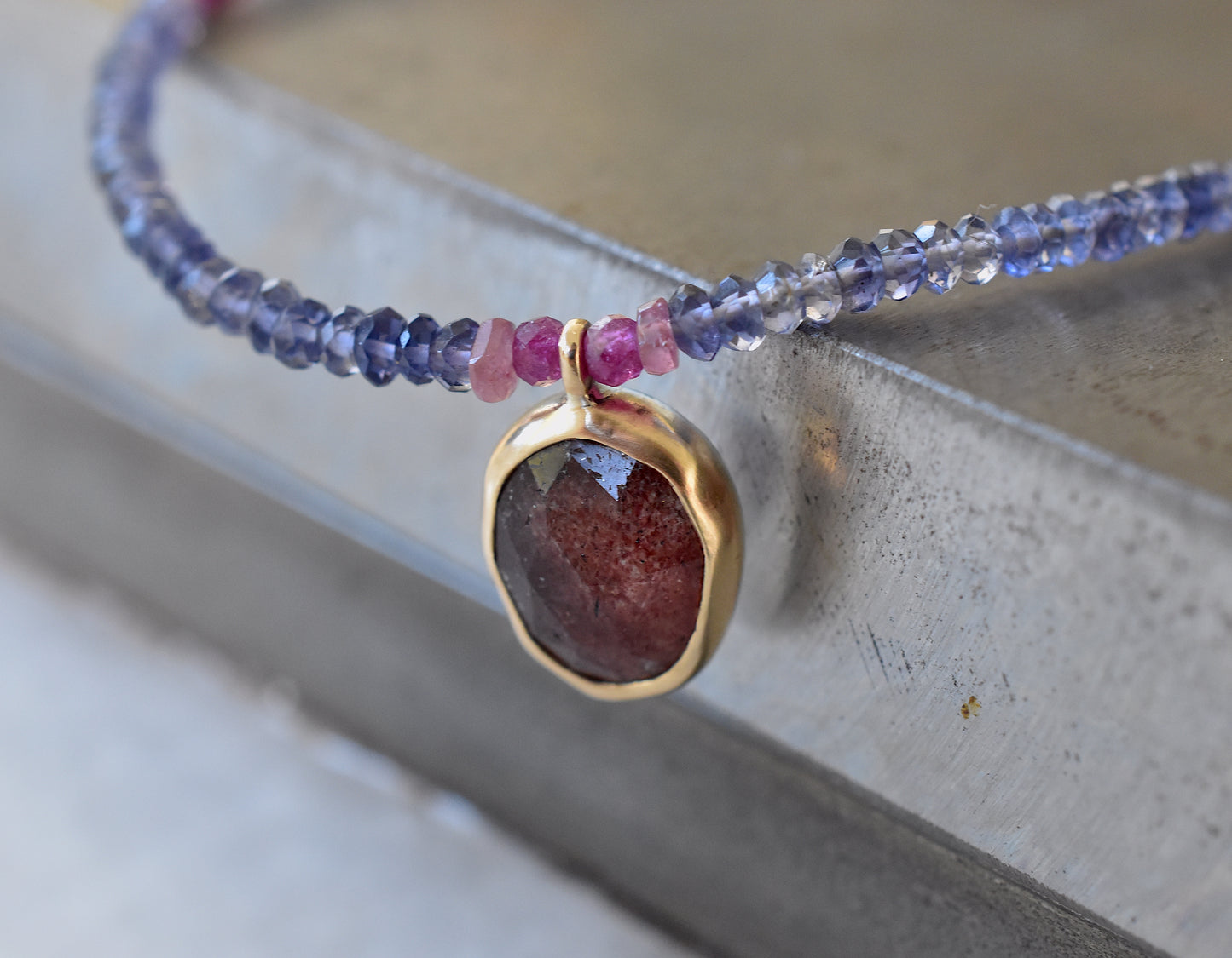 Strawberry Quartz & Iolite Necklace With Rubies, Tourmalines and 14k Gold