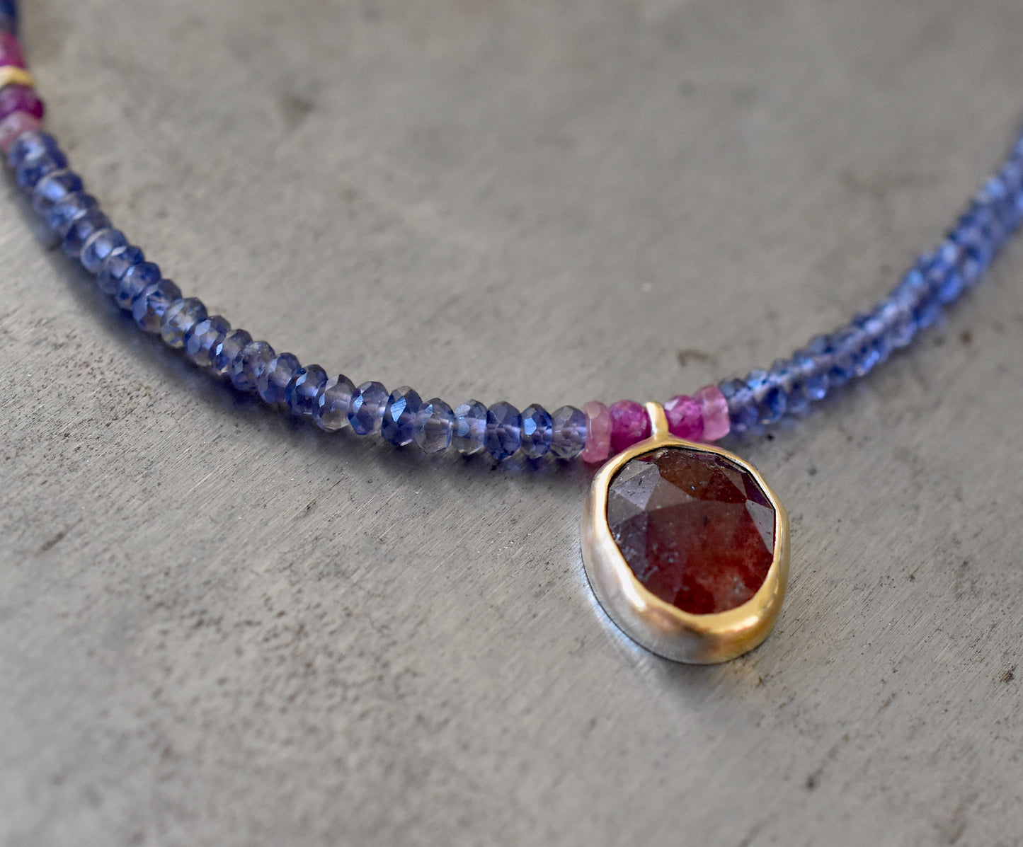Strawberry Quartz & Iolite Necklace With Rubies, Tourmalines and 14k Gold