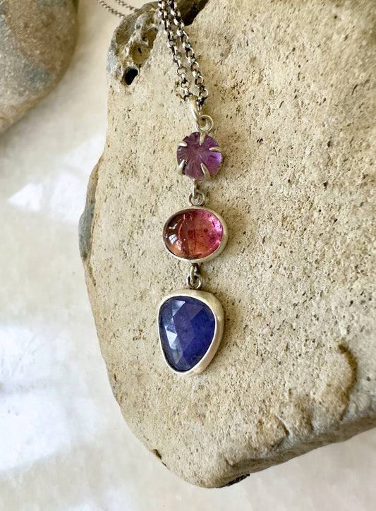 Tourmaline, Iolite & Hand-Carved Rose Amethyst Three Drop Necklace