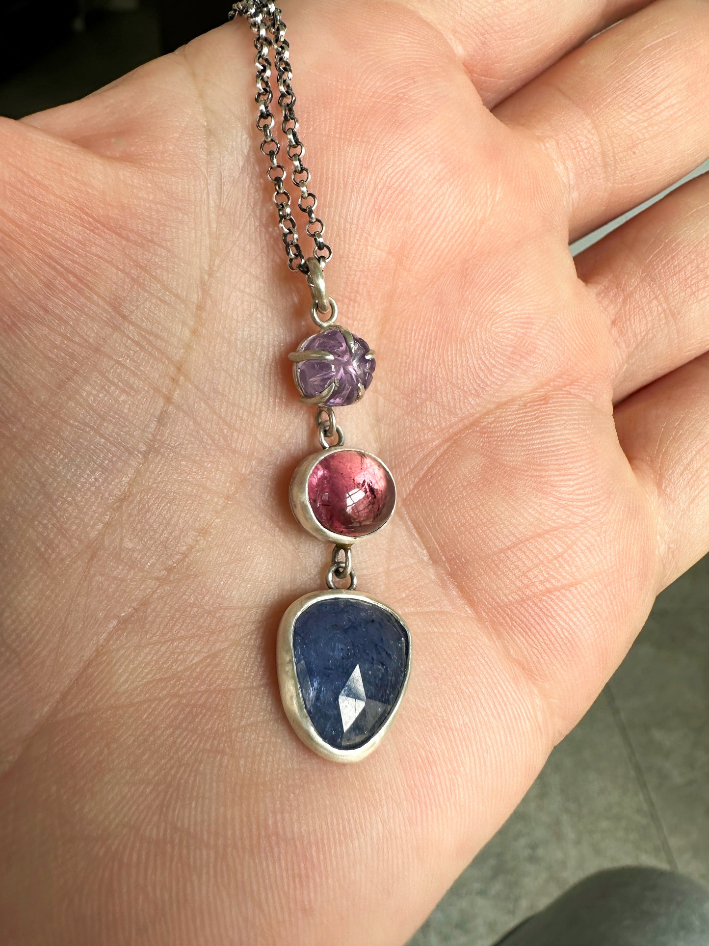 Tourmaline, Iolite & Hand-Carved Rose Amethyst Three Drop Necklace