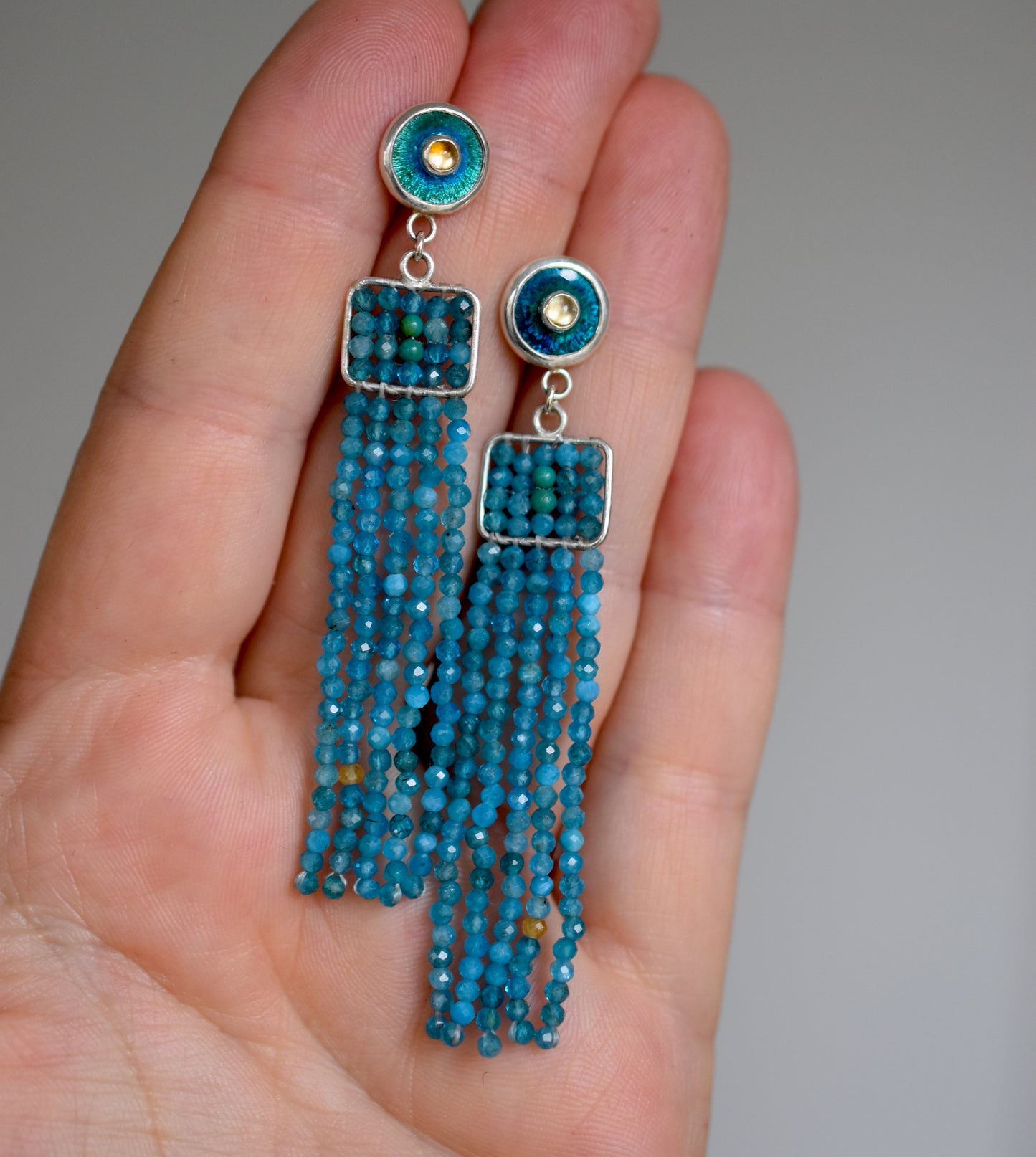 Citrine In Ocean Hand-Carved Burst With Apatite Cascade Earrings