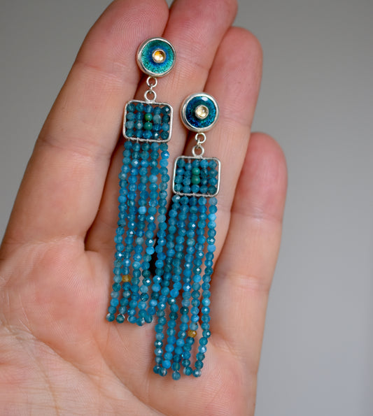 Citrine In Ocean Hand-Carved Burst With Apatite Cascade Earrings