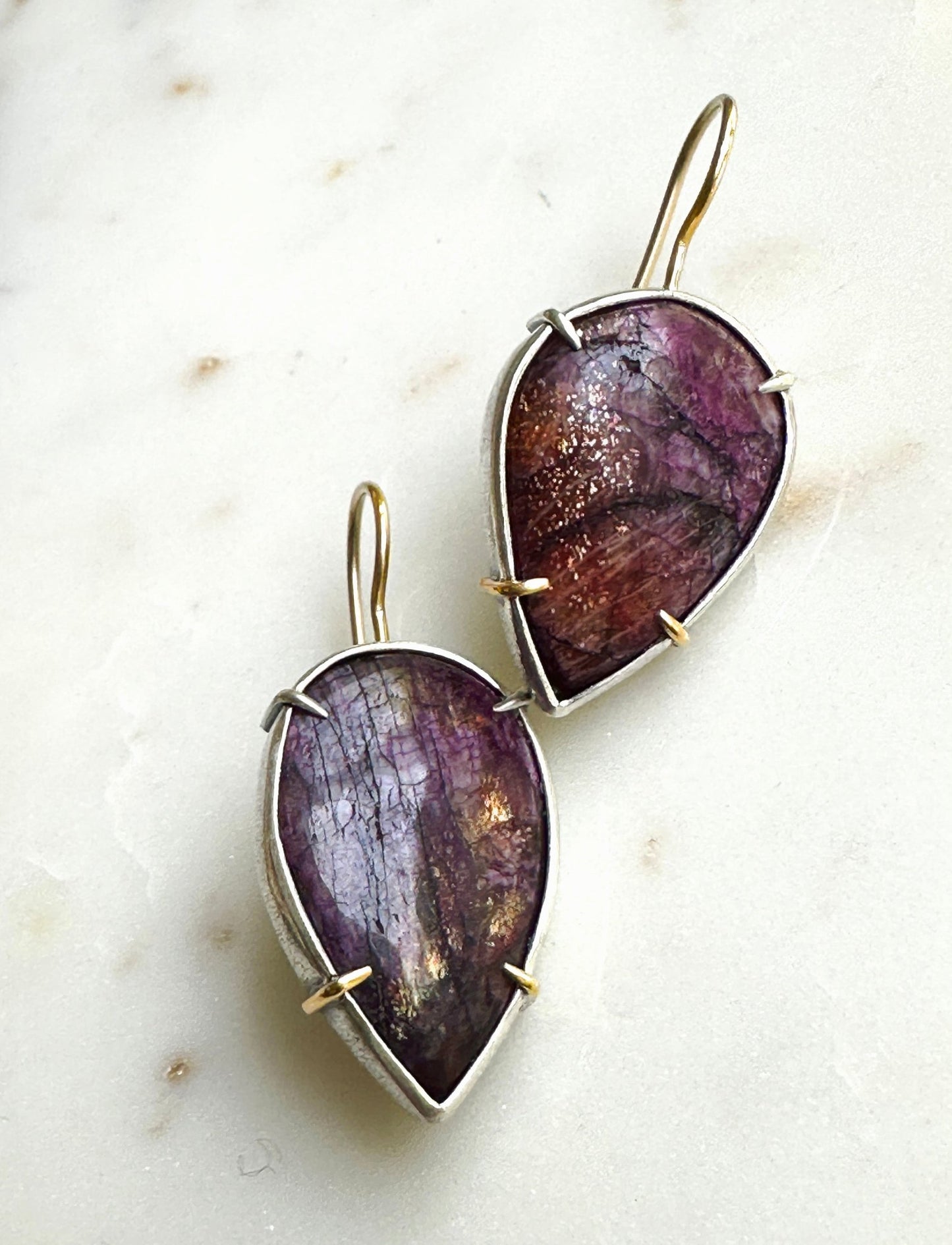 Bloodshot Iolite Earrings 14k gold and silver - Bluecave Jewelry