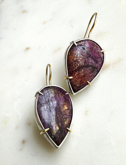 Bloodshot Iolite Earrings 14k gold and silver - Bluecave Jewelry