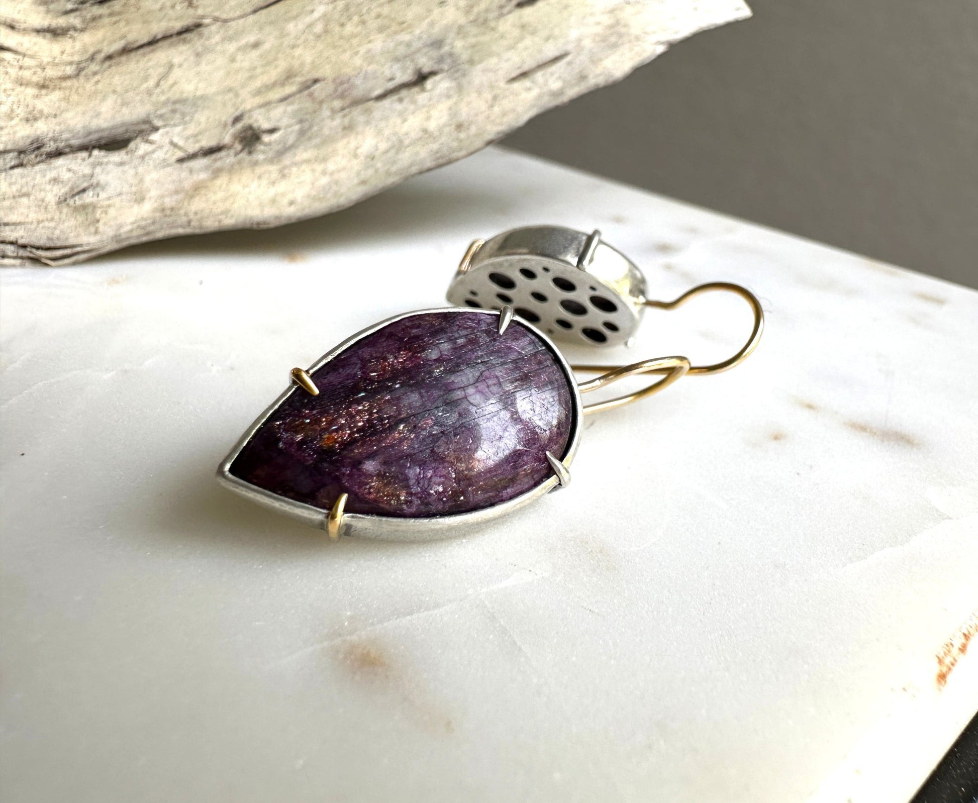 Bloodshot Iolite Earrings 14k gold and silver - Bluecave Jewelry