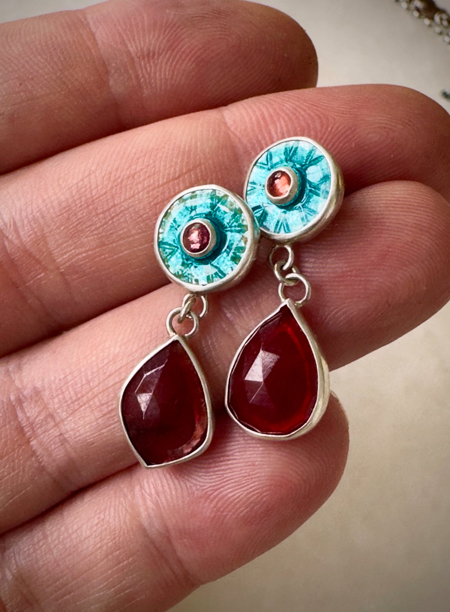 Ruby & Sapphire Teal Enamel Burst Earrings