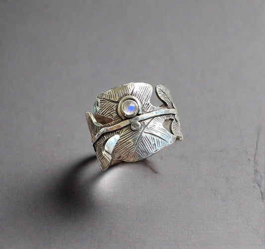 Fig Leaf Ring With Moonstone Water Drop - Bluecave Jewelry