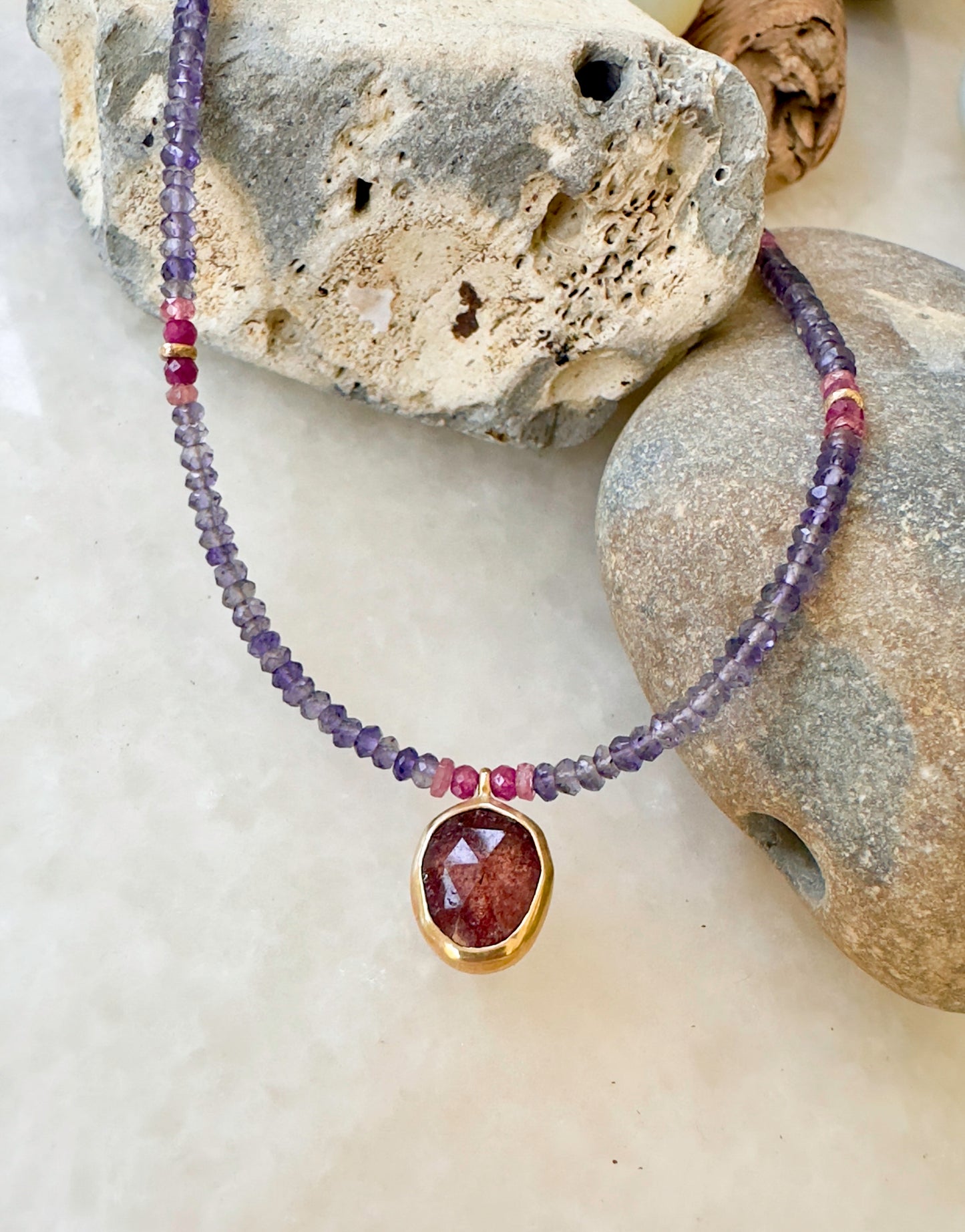 Strawberry Quartz & Iolite Necklace With Rubies, Tourmalines and 14k Gold