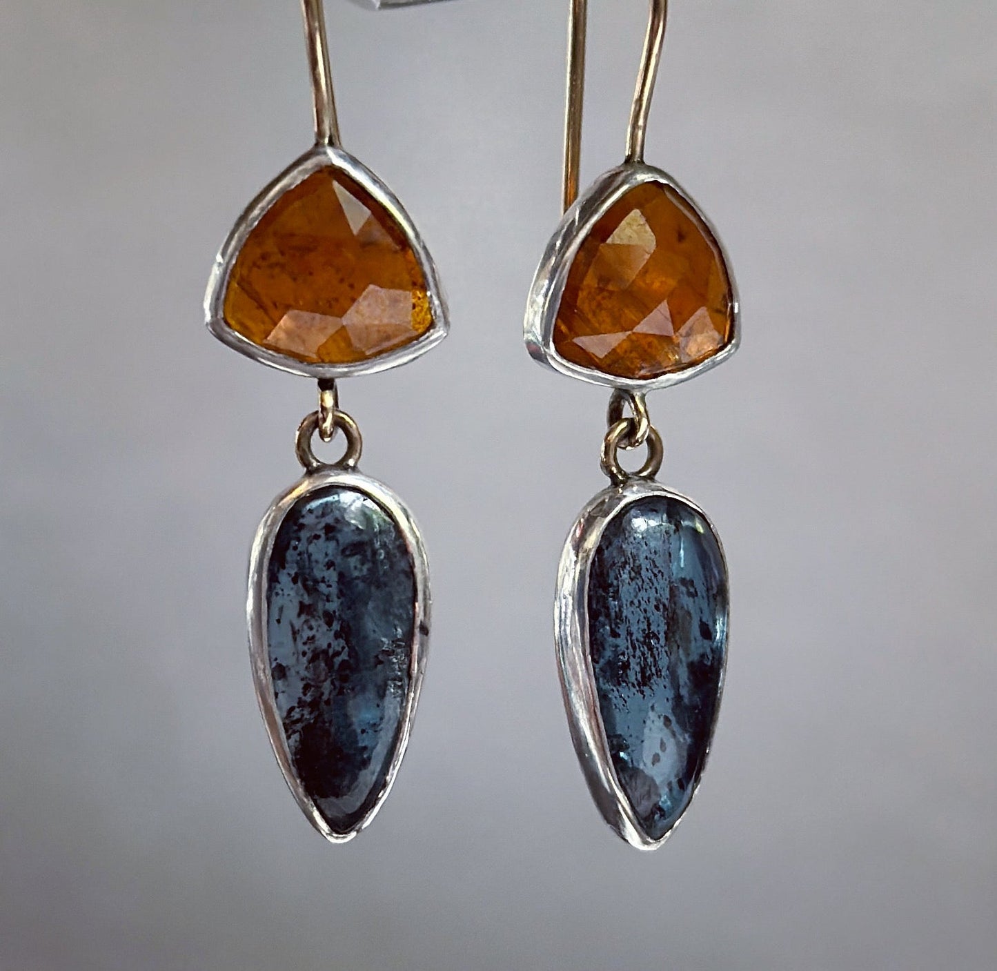 Orange & Moss Blue Kyanite Earrings in 14k Gold and Sterling Silver - Bluecave Jewelry