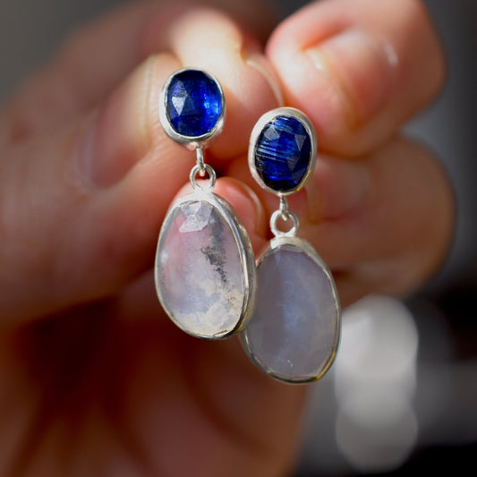 Pale Peruvian Opal With Deep Blue Kyanite Drop Earrings - Bluecave Jewelry