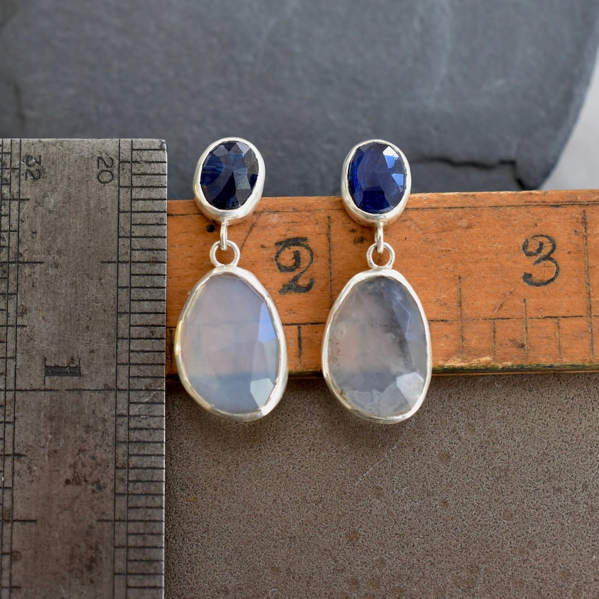 Pale Peruvian Opal With Deep Blue Kyanite Drop Earrings - Bluecave Jewelry