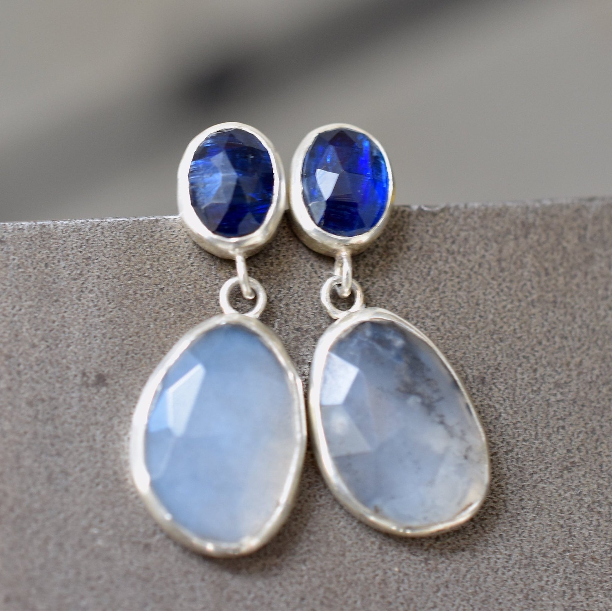 Pale Peruvian Opal With Deep Blue Kyanite Drop Earrings - Bluecave Jewelry