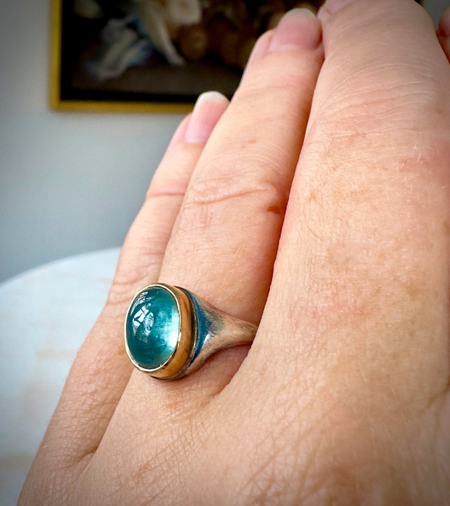 Aqua Kyanite Signet Ring With 18k Setting - Bluecave Jewelry