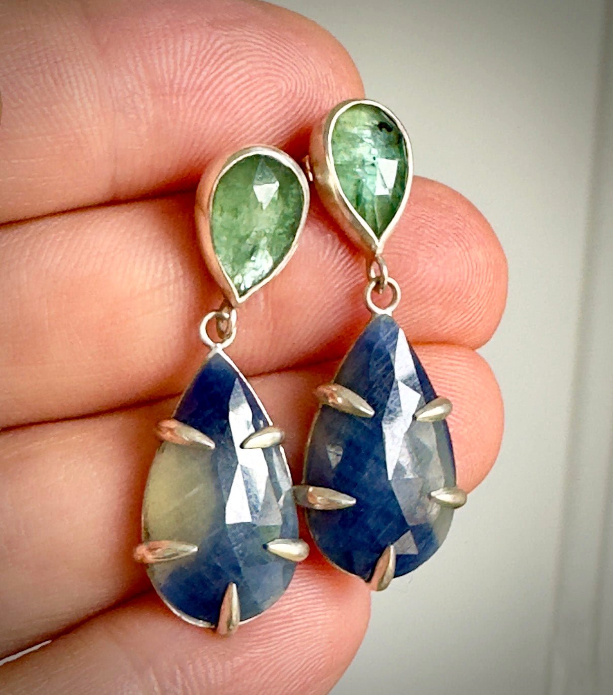 Blue Sapphire & Green Kyanite Drop Earrings - Bluecave Jewelry