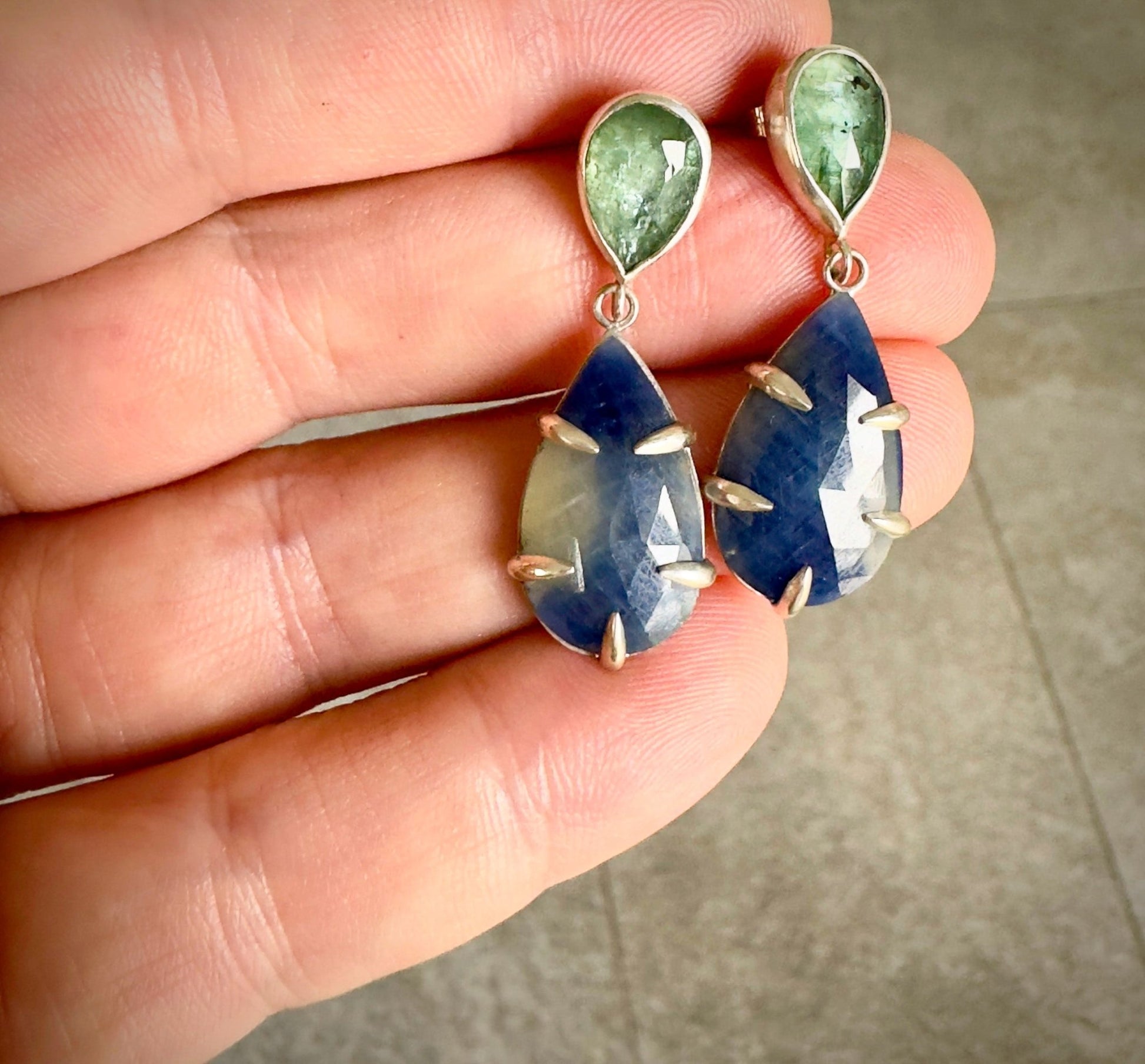 Blue Sapphire & Green Kyanite Drop Earrings - Bluecave Jewelry