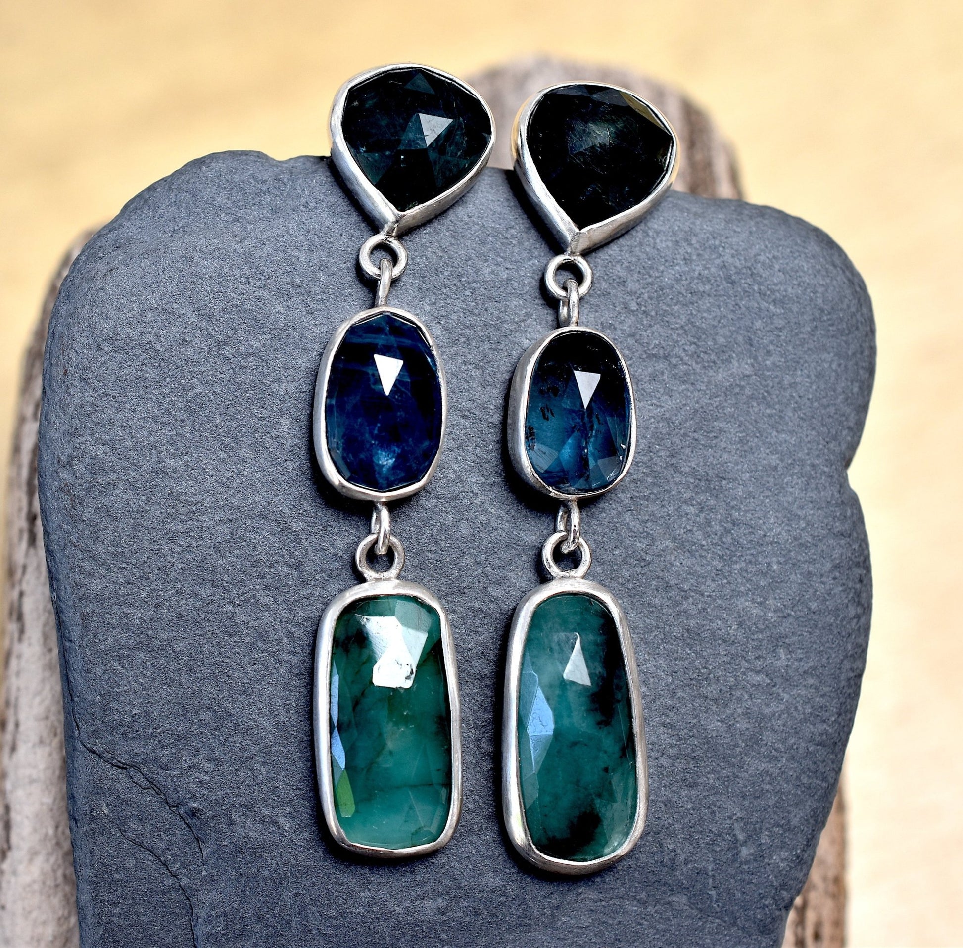 Emerald, Grandidierite & Teal Kyanite Earrings - Bluecave Jewelry