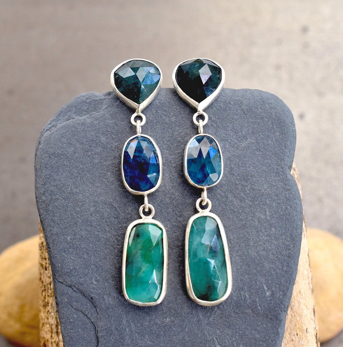 Emerald, Grandidierite & Teal Kyanite Earrings - Bluecave Jewelry
