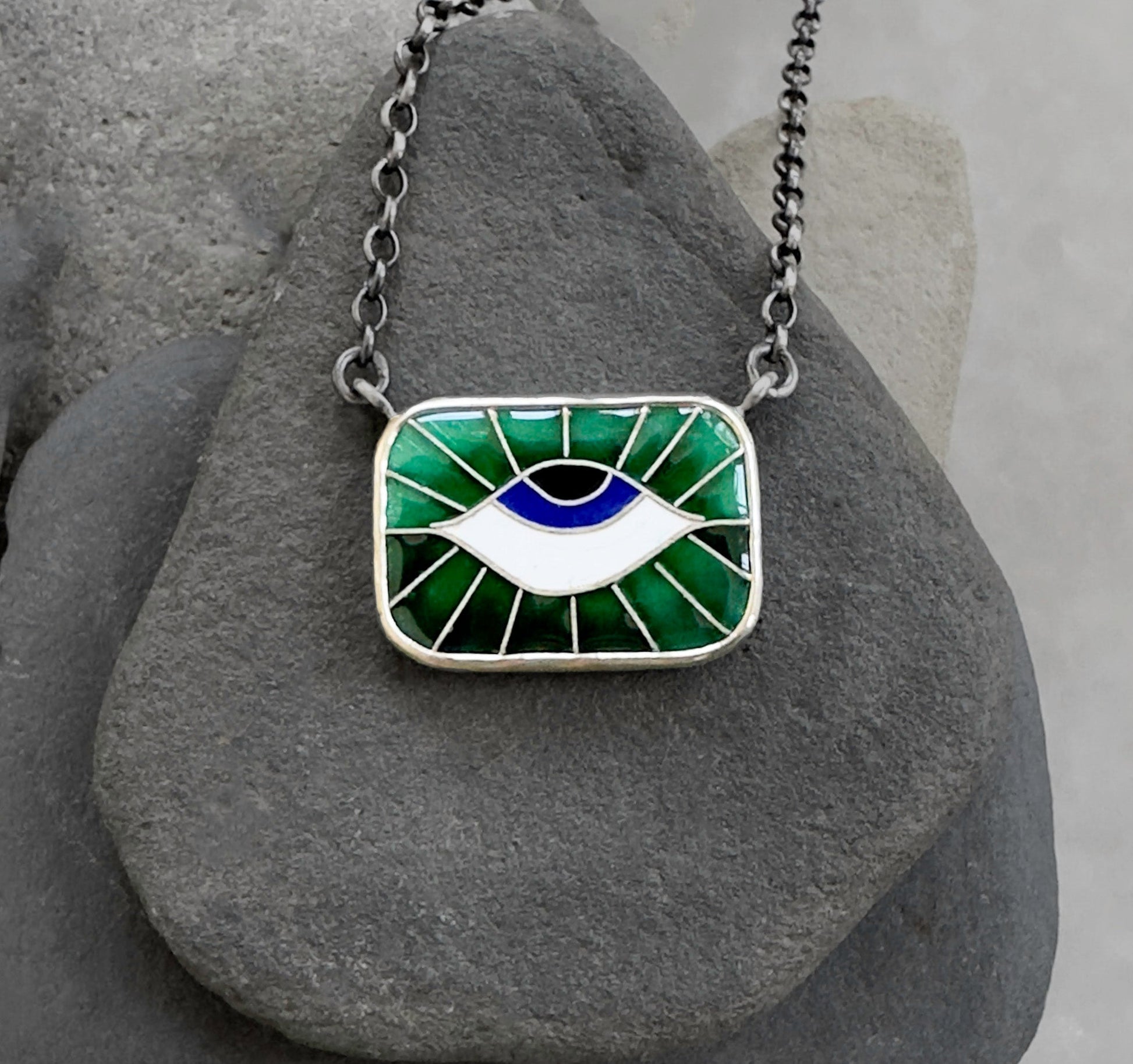 Forest Green Sunrise Protection Eye Chiclet Necklace - Bluecave Jewelry