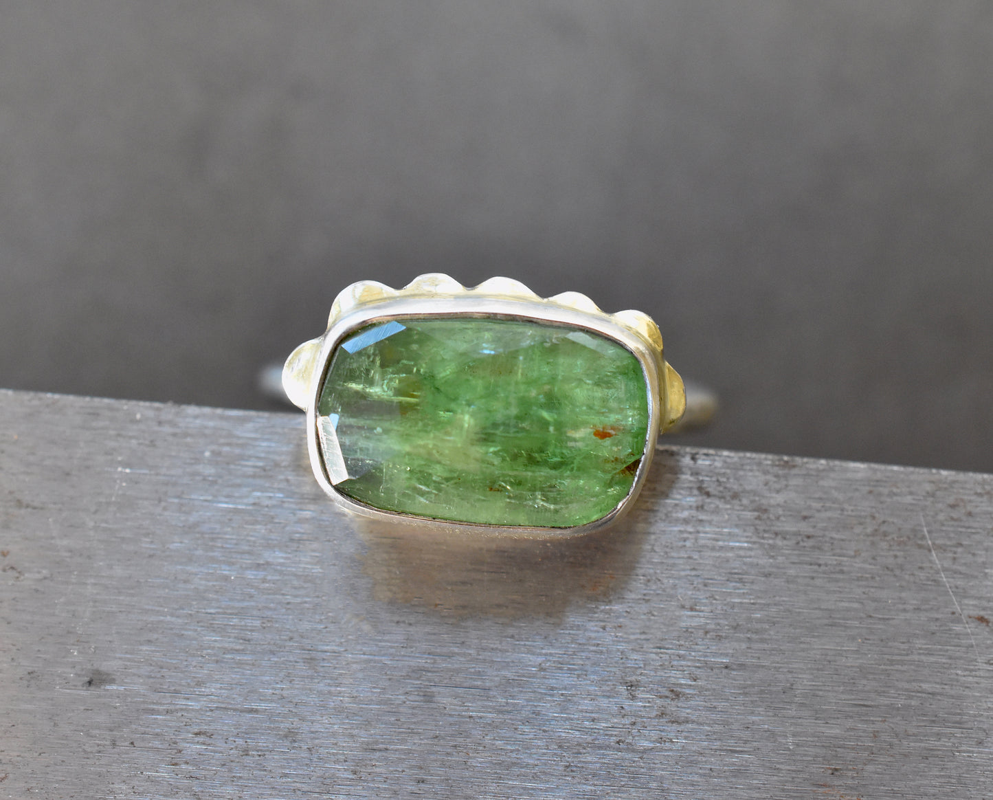 Green Kyanite Ring With Solid 14K flower 1/2 border