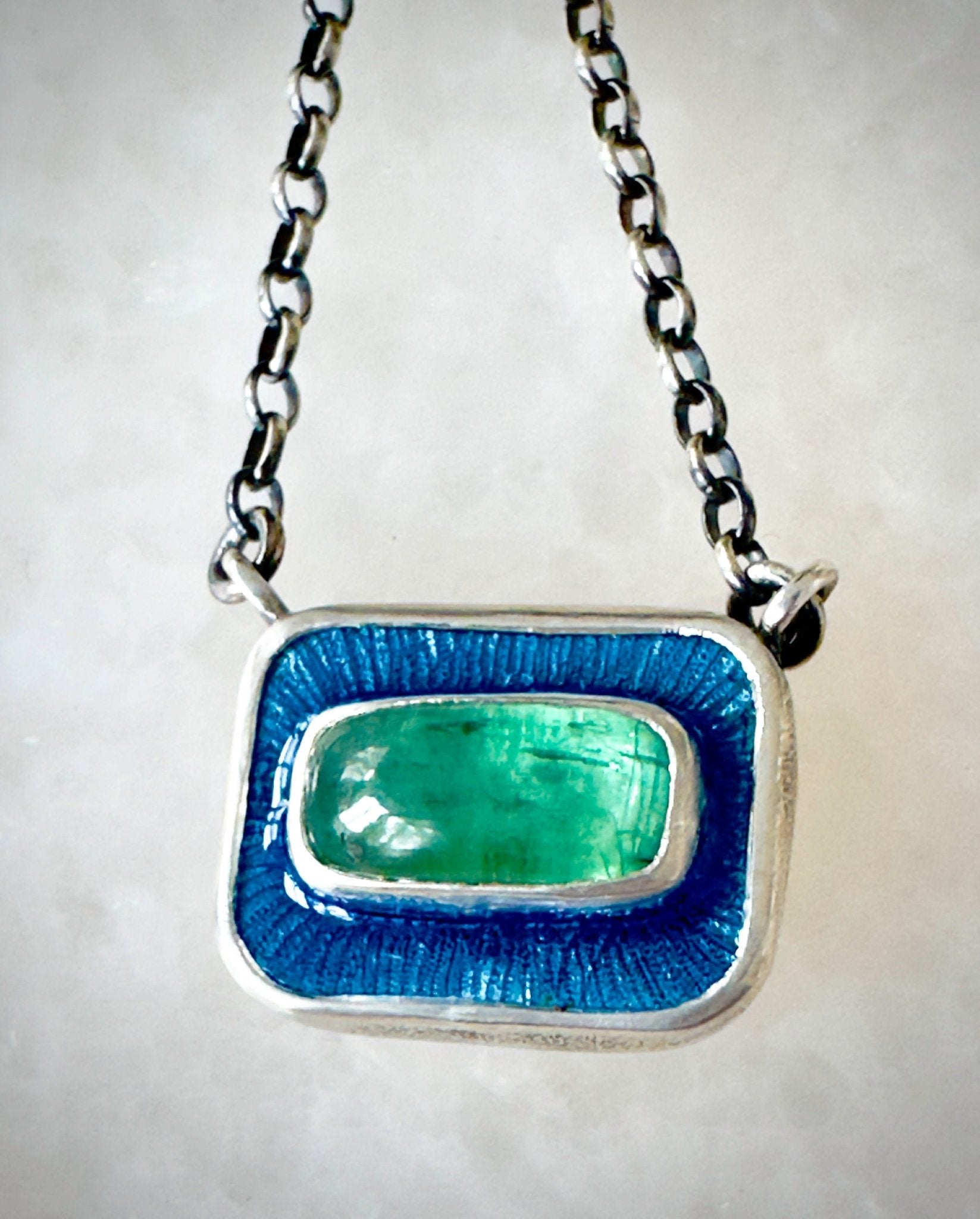 Green Kyanite & Blue Enamel Chiclet Necklace - Bluecave Jewelry