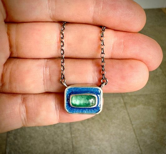Green Kyanite & Blue Enamel Chiclet Necklace - Bluecave Jewelry