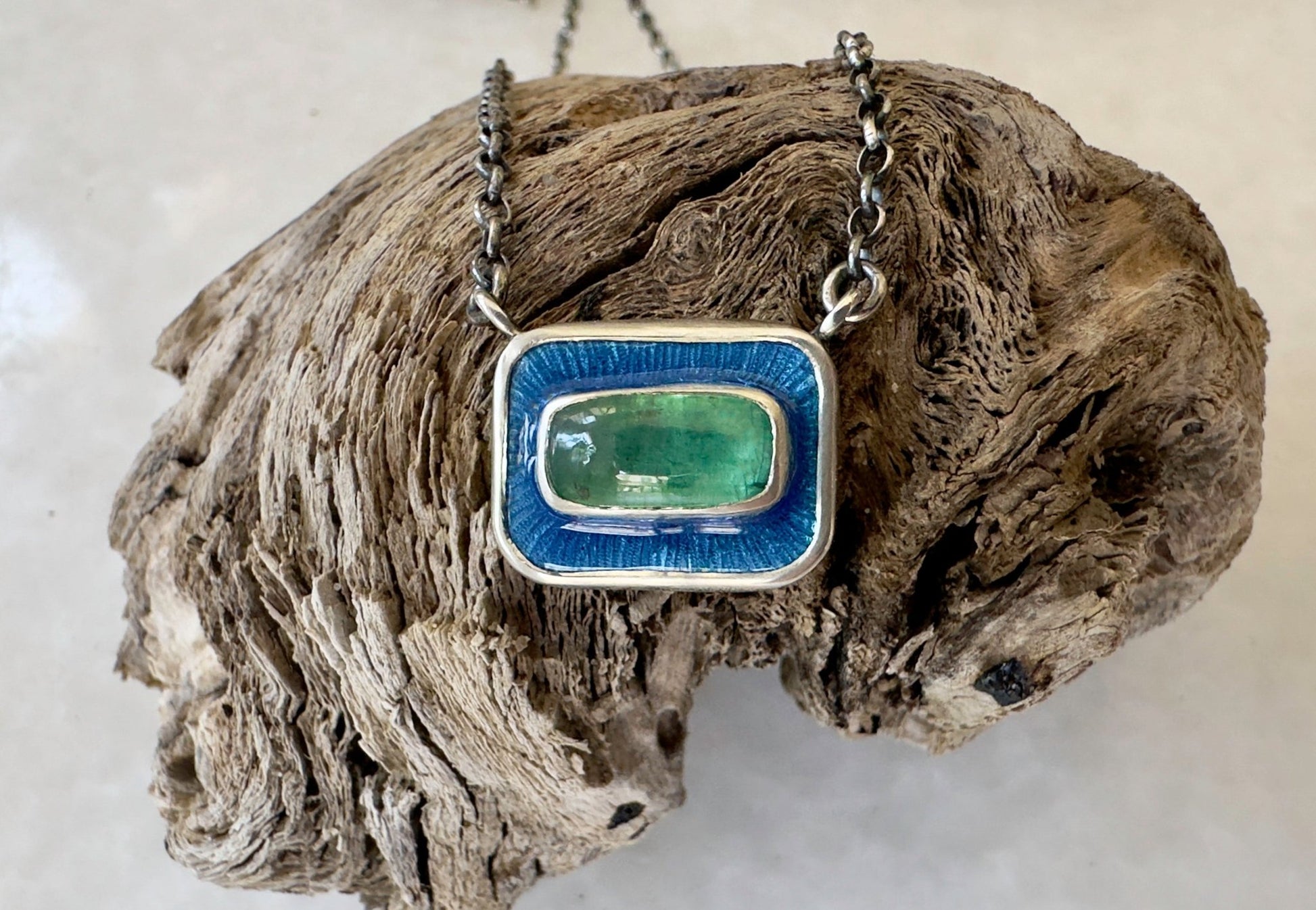 Green Kyanite & Blue Enamel Chiclet Necklace - Bluecave Jewelry