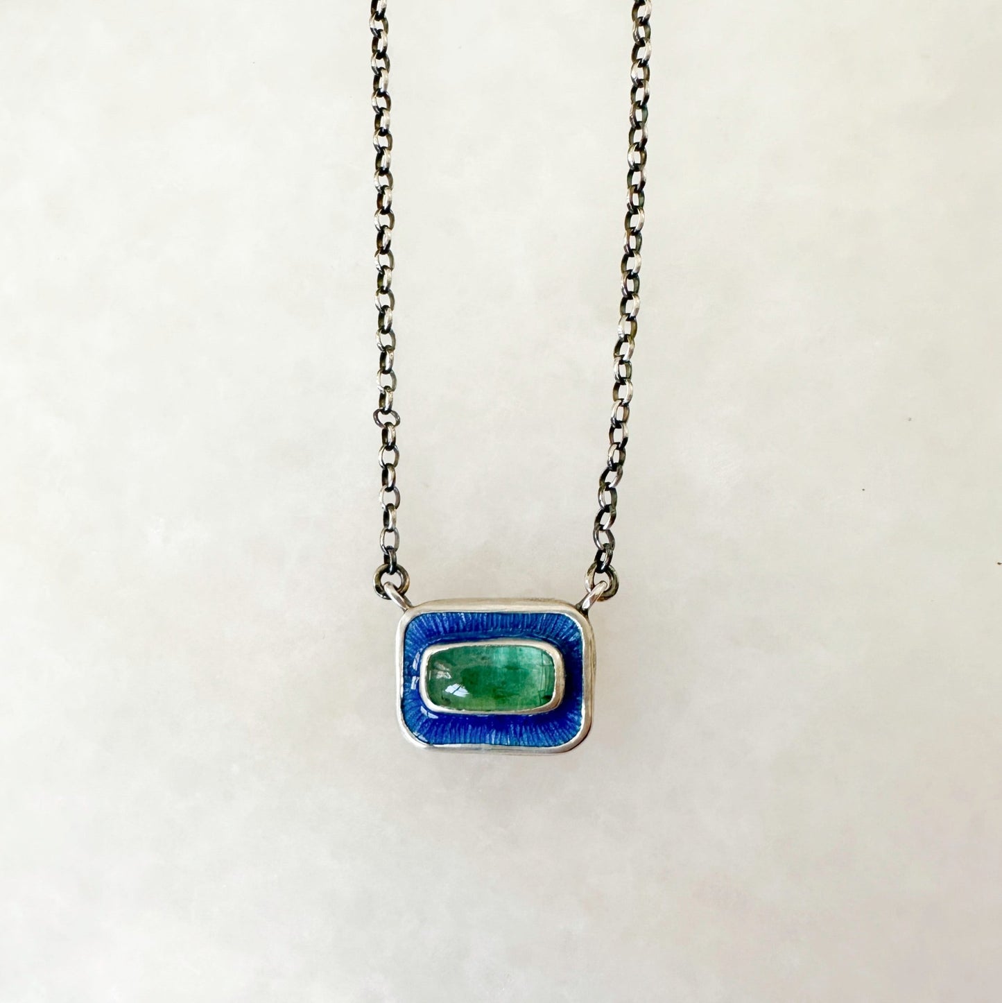 Green Kyanite & Blue Enamel Chiclet Necklace - Bluecave Jewelry