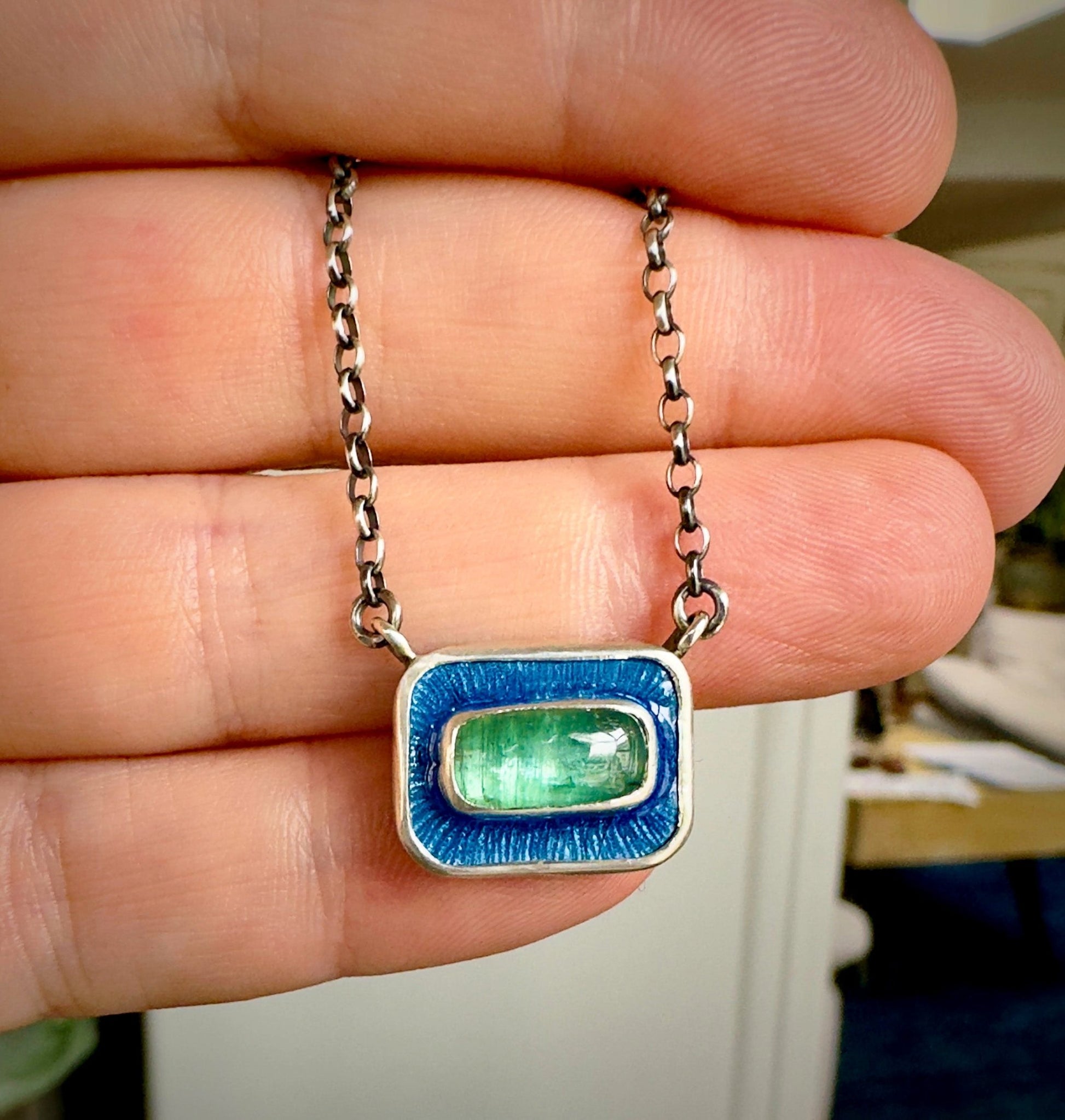 Green Kyanite & Blue Enamel Chiclet Necklace - Bluecave Jewelry