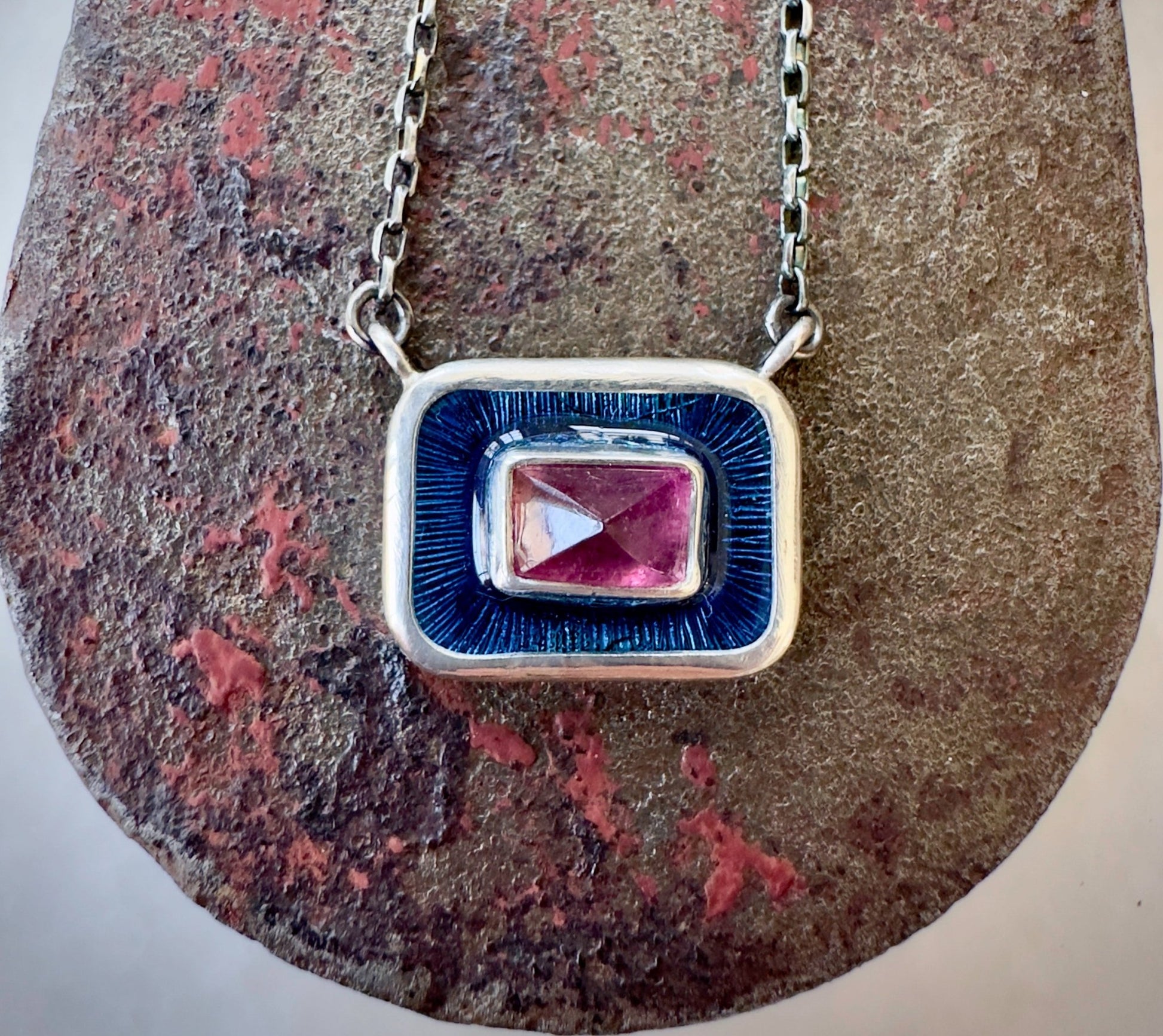 Pink Tourmaline Pyramid in Blue Enamel Chiclet Necklace - Bluecave Jewelry