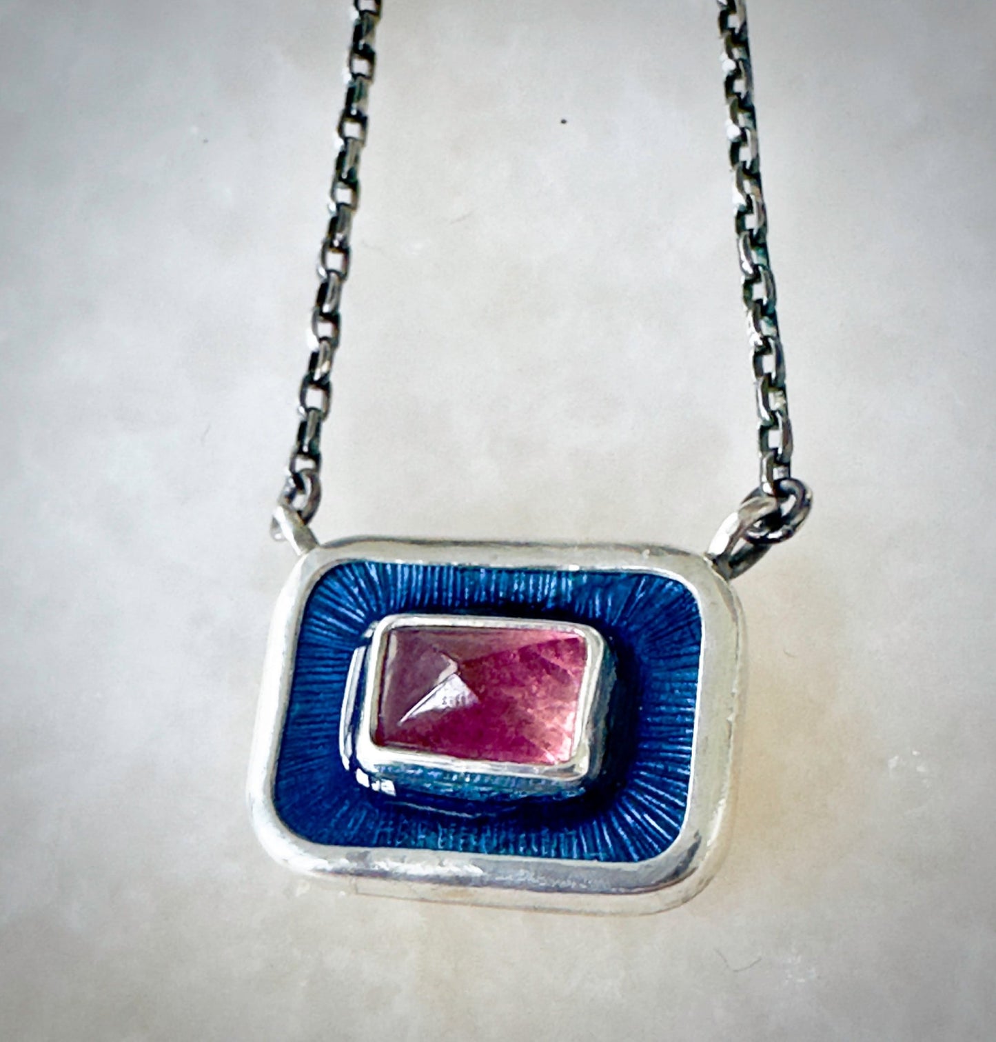 Pink Tourmaline Pyramid in Blue Enamel Chiclet Necklace - Bluecave Jewelry