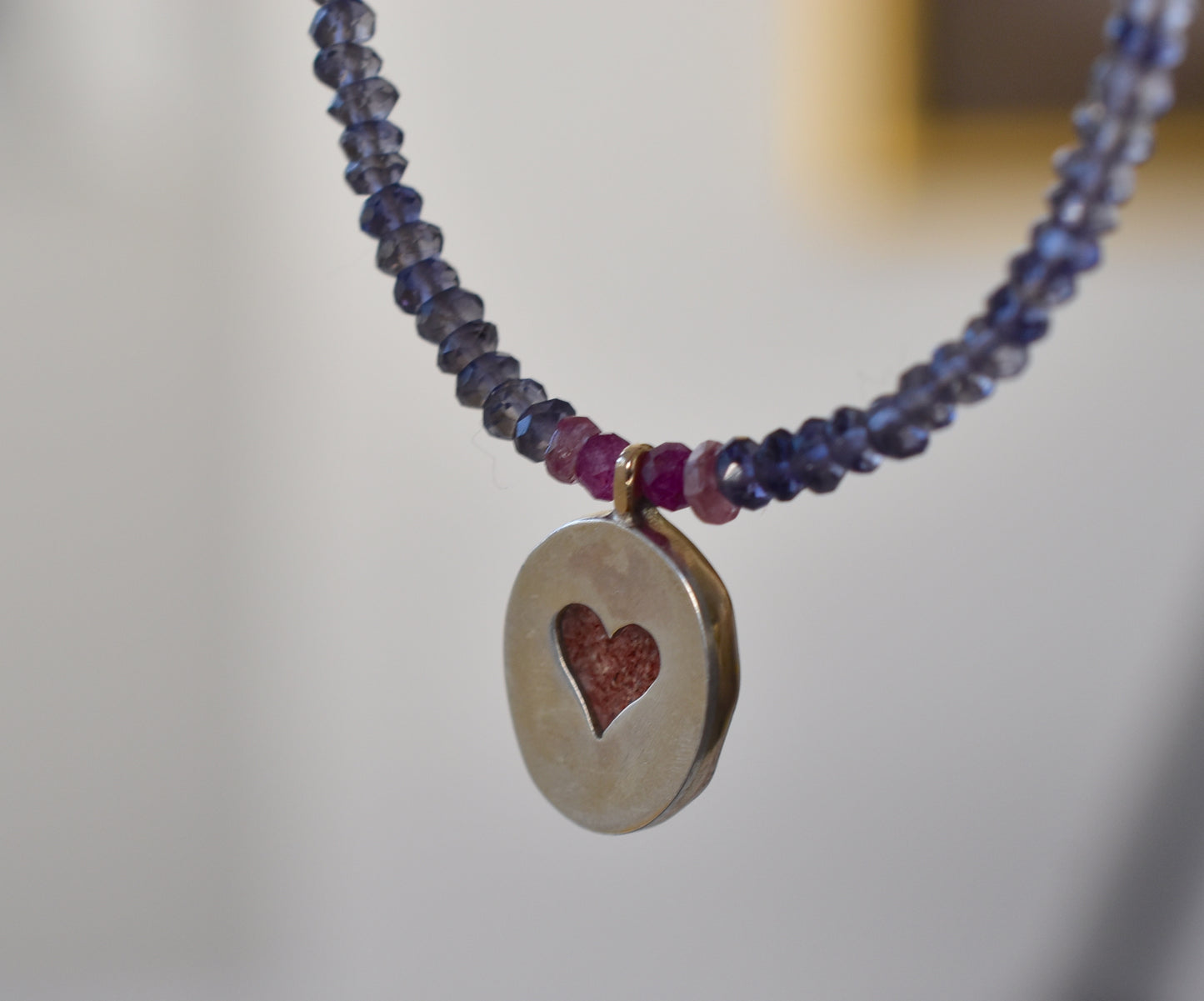 Strawberry Quartz & Iolite Necklace With Rubies, Tourmalines and 14k Gold
